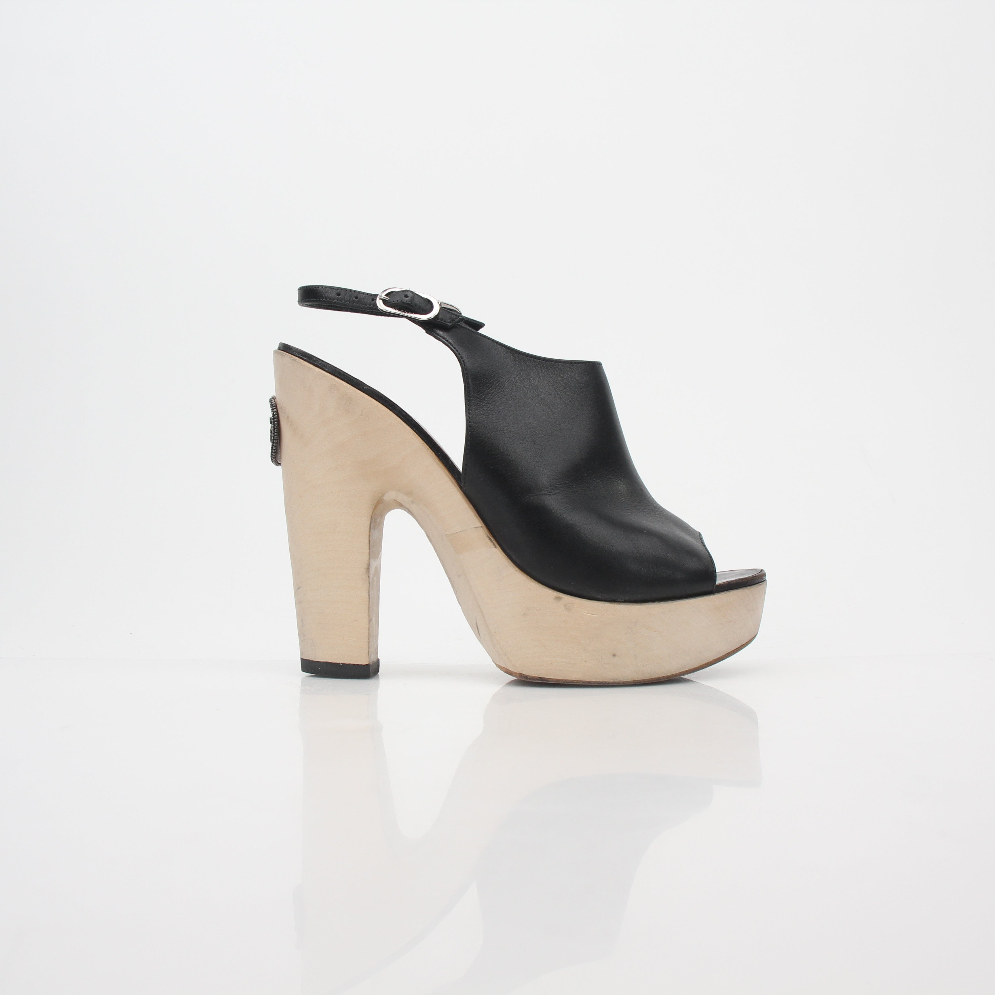 Chanel Black Leather Interlocking CC Slingback Platform Sandals