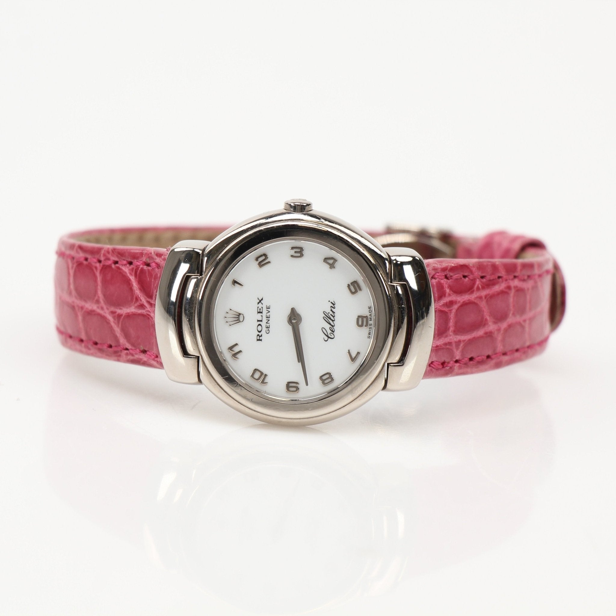 Gold & Beyond Rolex Cellini watch with a sleek, classic design and gold-tone finish, featuring a round dial and elegant leather strap.