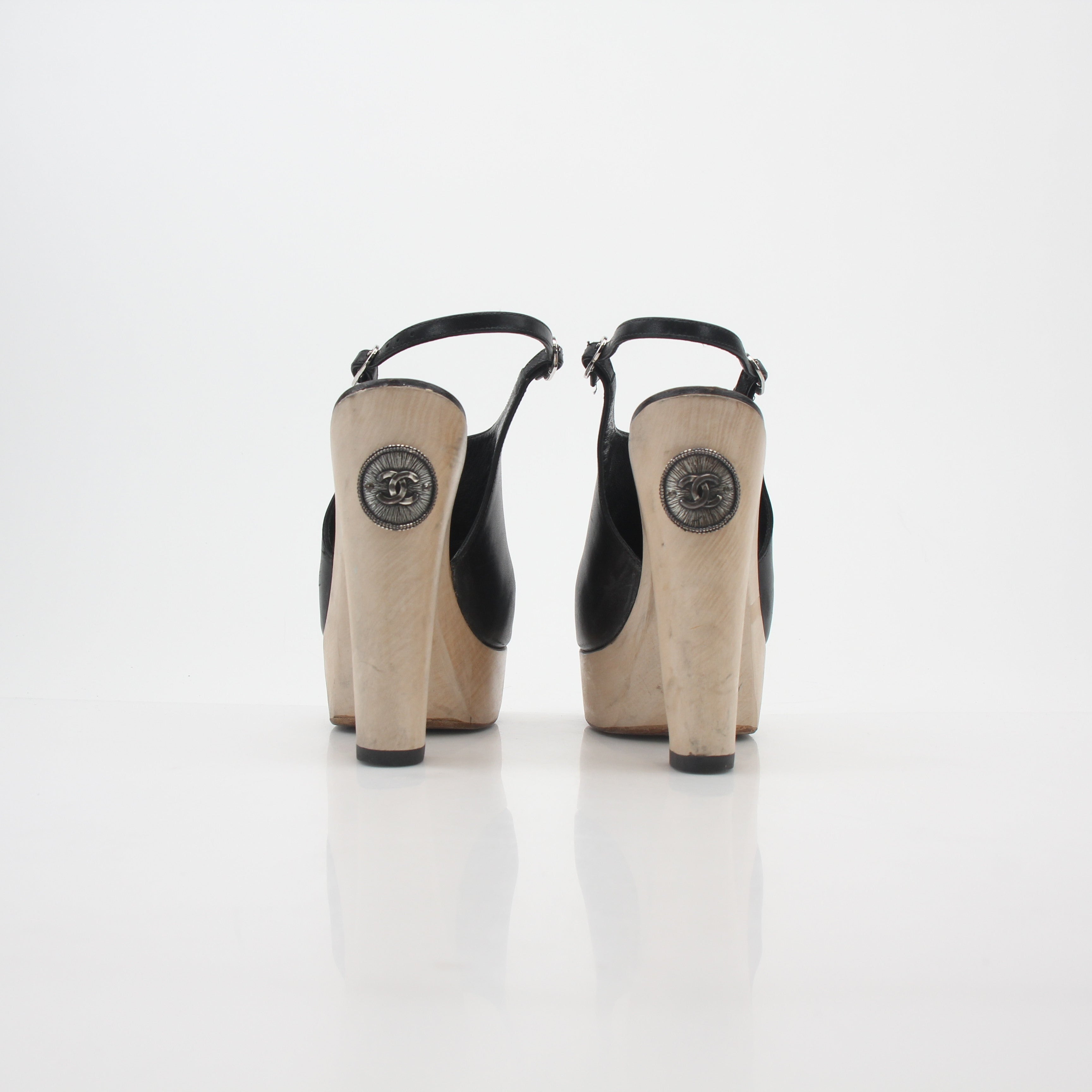 Chanel Black Leather Interlocking CC Slingback Platform Sandals
