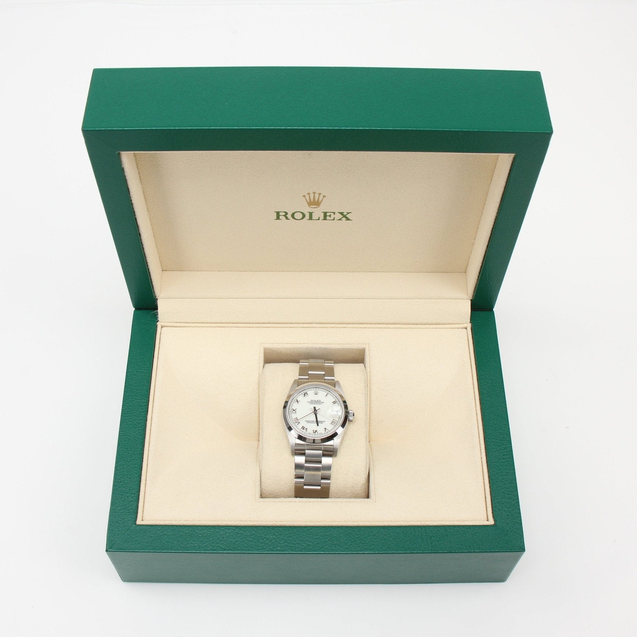 Gold & Beyond Rolex Datejust watch with stainless steel and gold bracelet, classic dial, and fluted bezel.