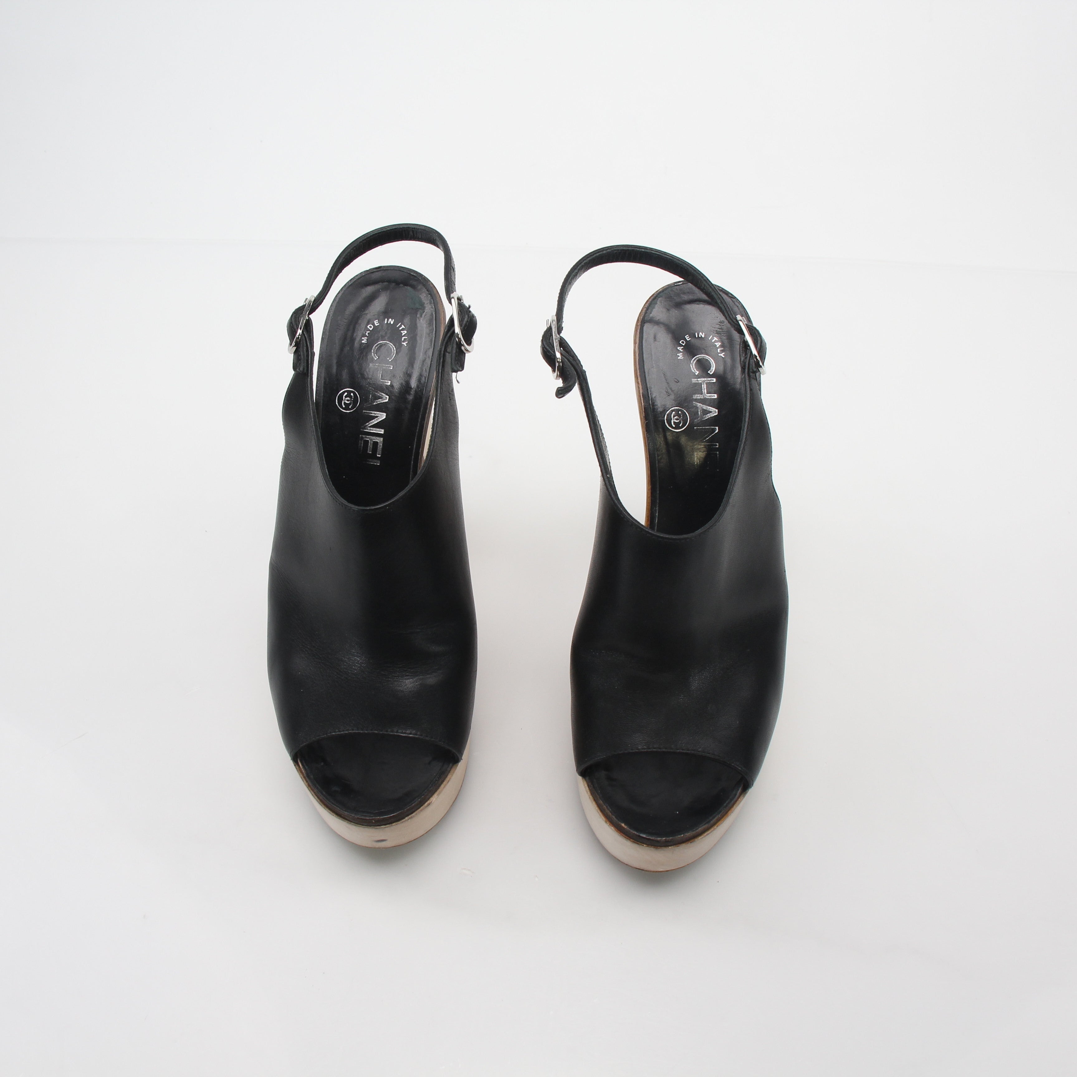 Chanel Black Leather Interlocking CC Slingback Platform Sandals
