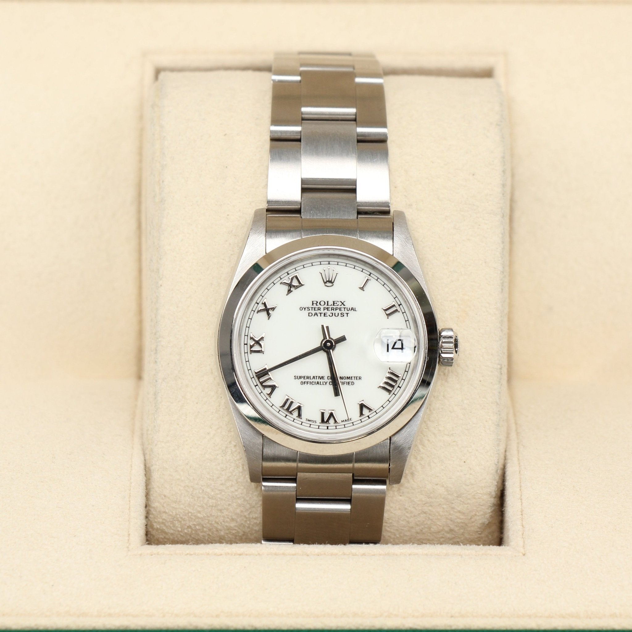 Gold & Beyond Rolex Datejust watch with stainless steel and gold bracelet, featuring a white dial and date display.