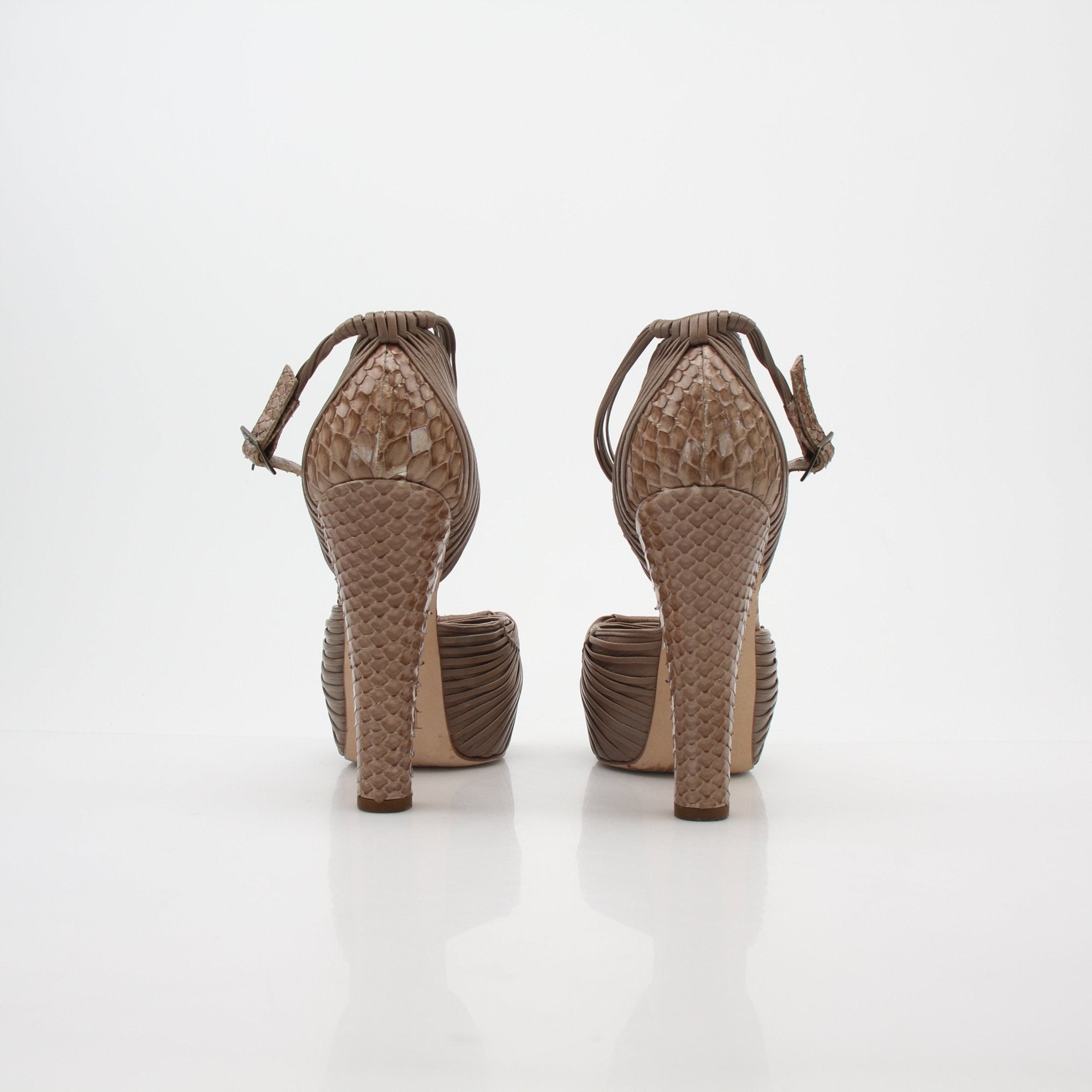 Christian Dior Taupe Def Anniversary Esca platform heels with gold accents, stylish and elegant footwear for women.