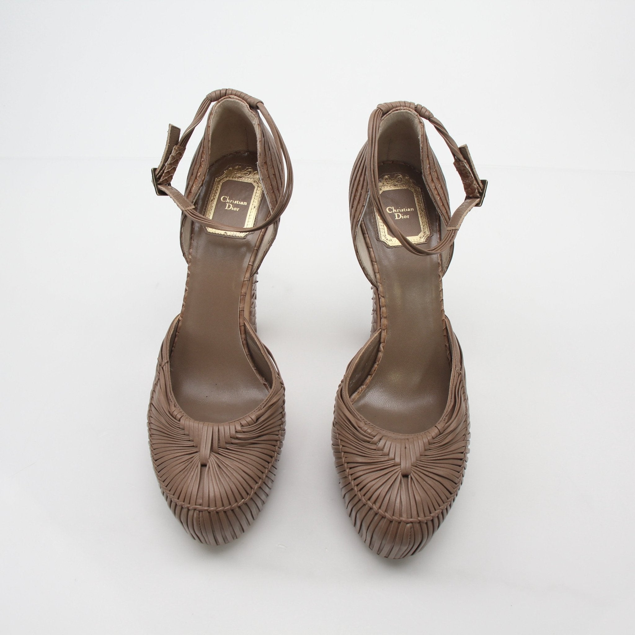 Christian Dior Taupe Def Anniversary Esca platform heels with ankle straps and chunky heels, stylish and elegant footwear.