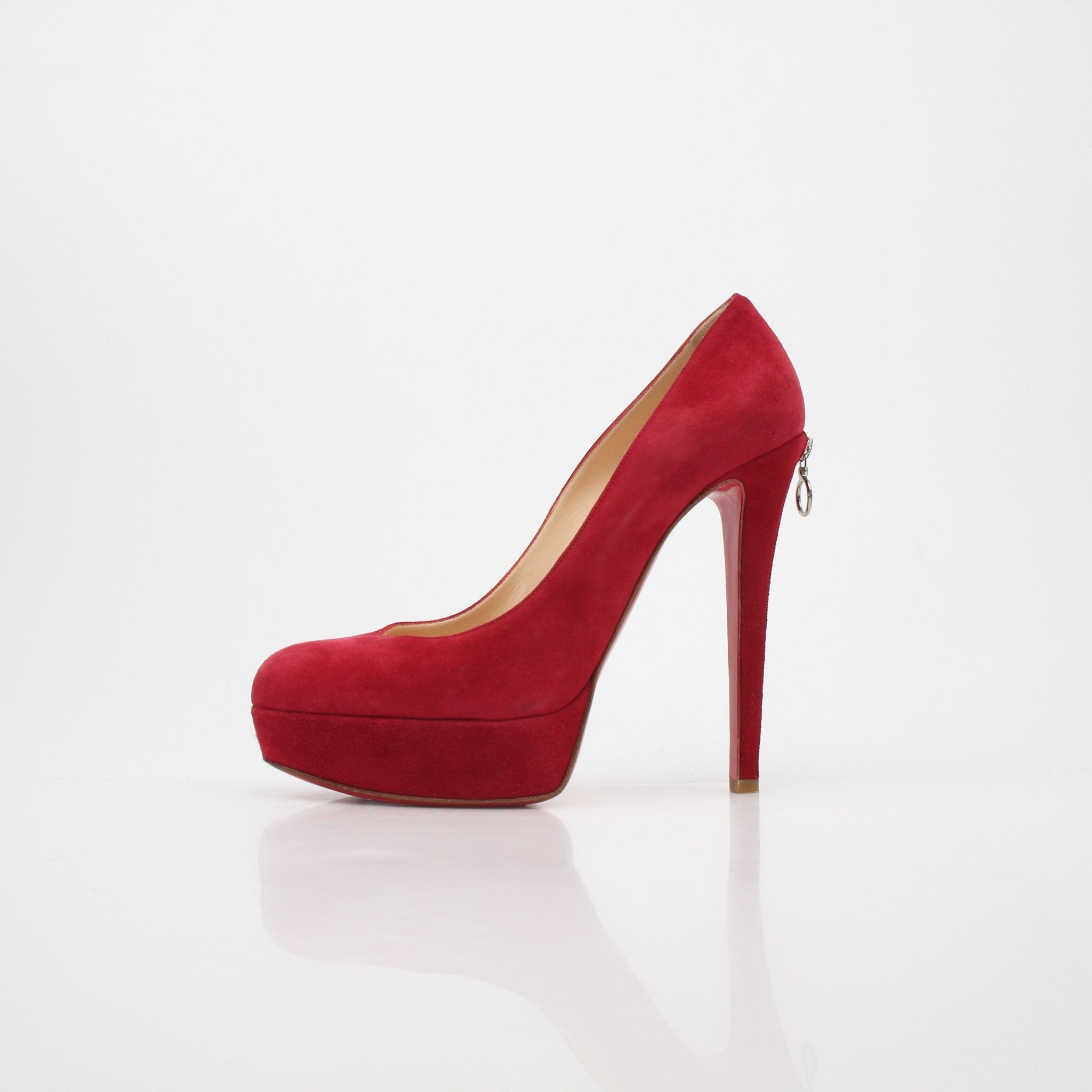Christian Louboutin red Biancazip suede platform heels with high stiletto heels and sleek design, showcased on a neutral background.