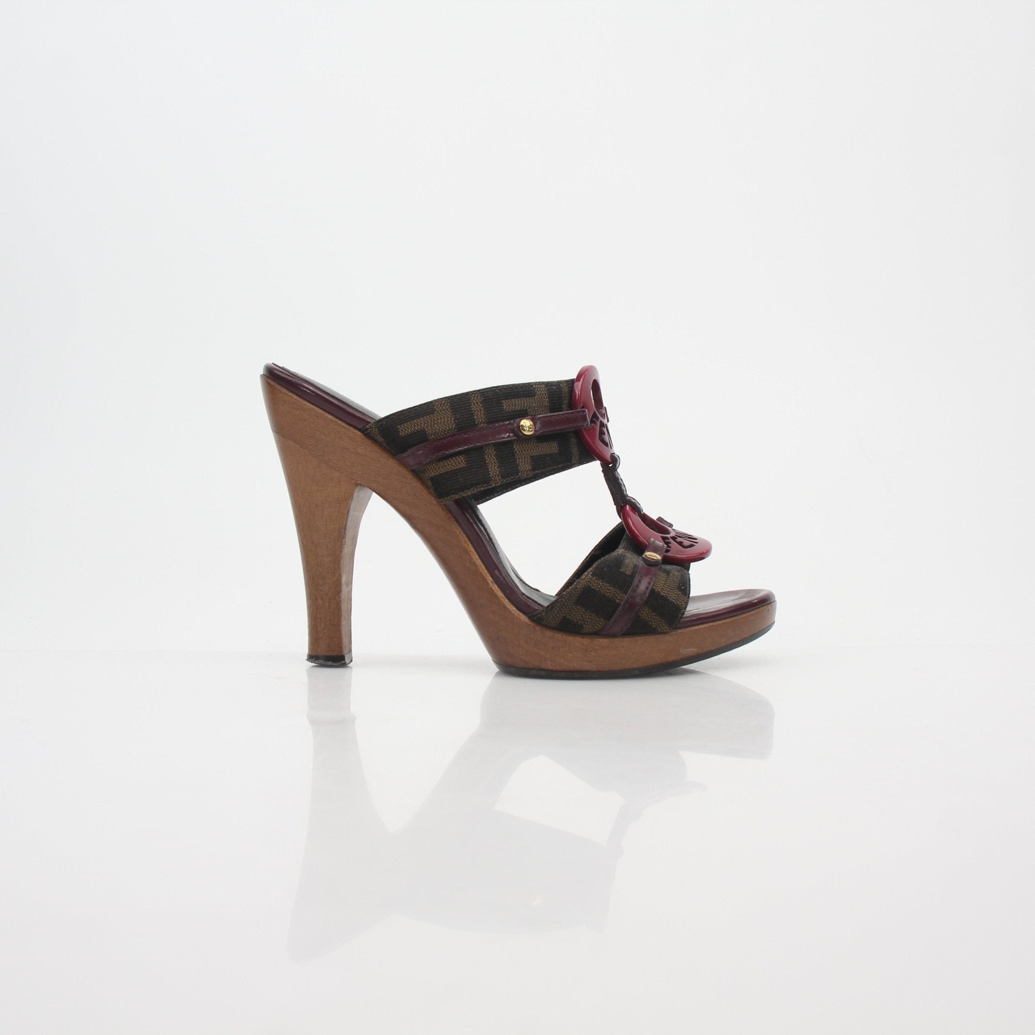 Fendi brown Zucca canvas platform sandals with chunky heels, showcasing stylish design and brand logo on the straps.