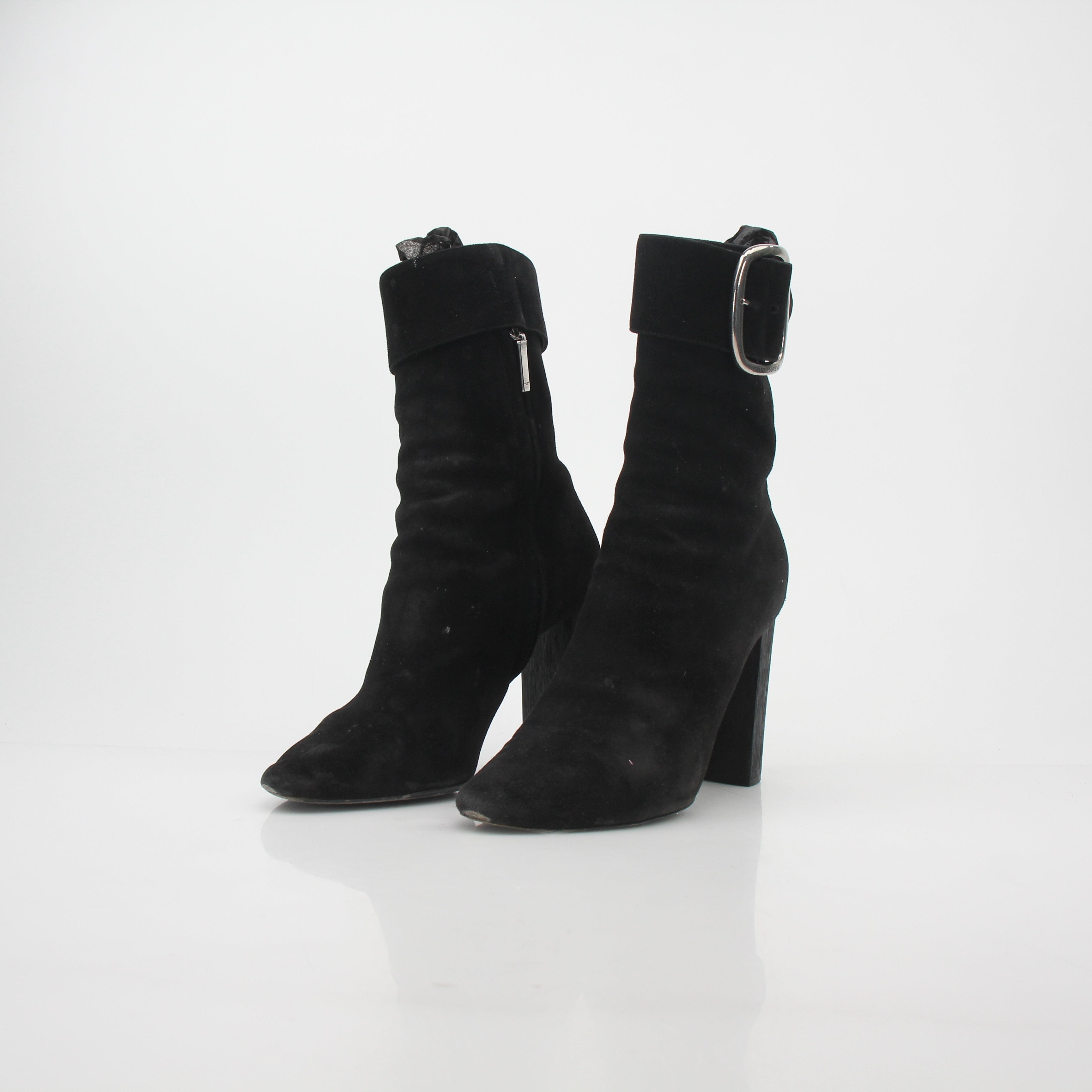 Saint Laurent Black Suede Joplin Buckle Ankle Boots