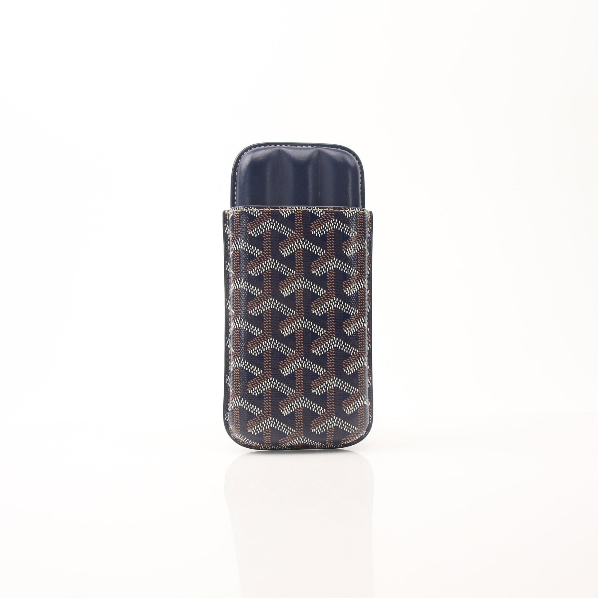 Goyard Churchill navy Goyardine small cigar case with gold accents, designed for elegant cigar storage and accessories.