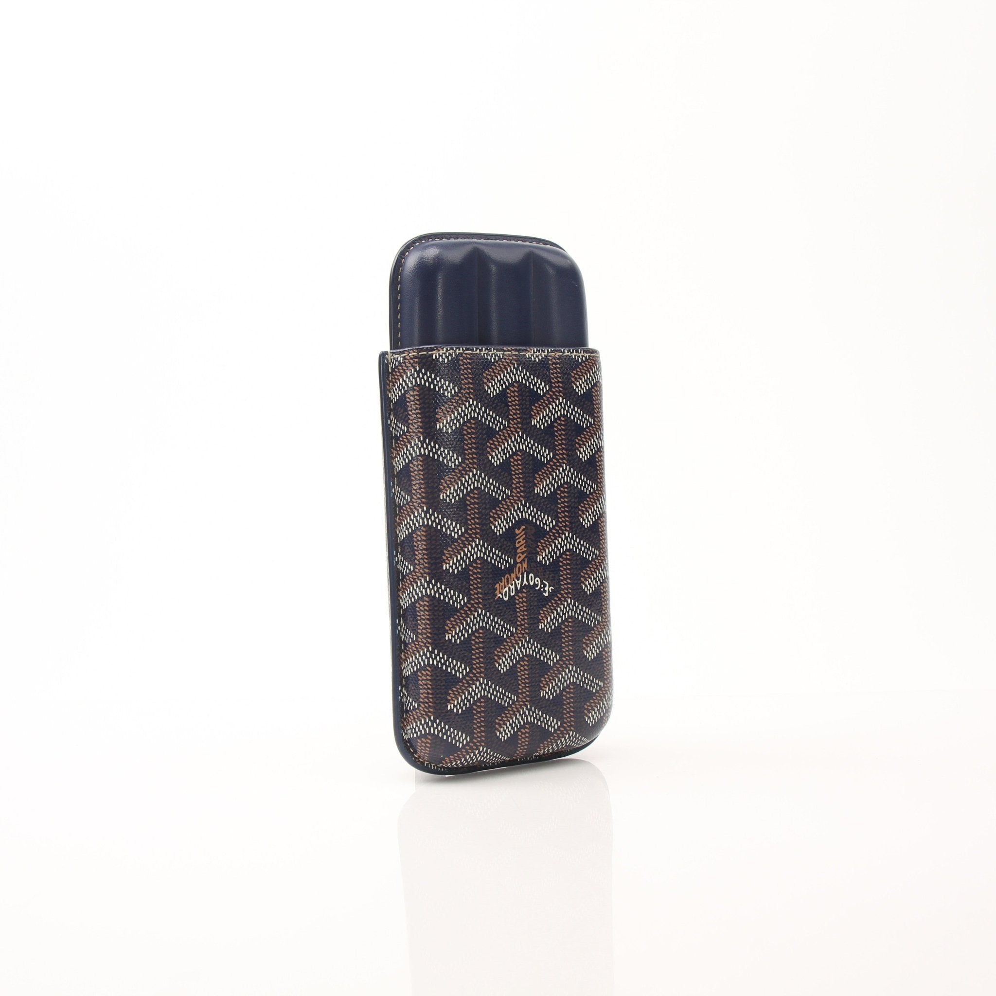 Goyard Churchill Navy Goyardine small cigar case from Gold & Beyond, with navy blue pattern and compact design for accessories.