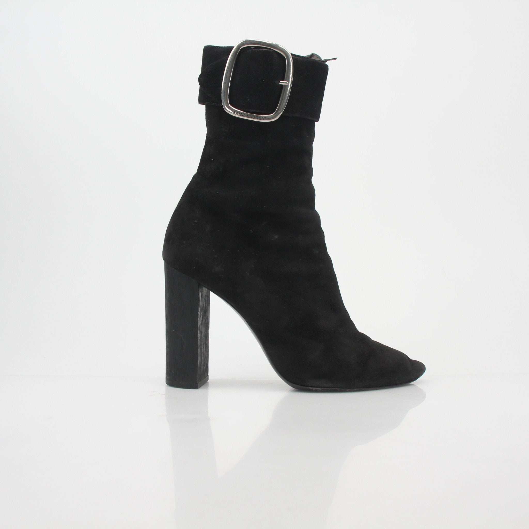 Black suede Saint Laurent Joplin buckle ankle boots by Gold & Beyond, featuring a sleek design and buckle detail.