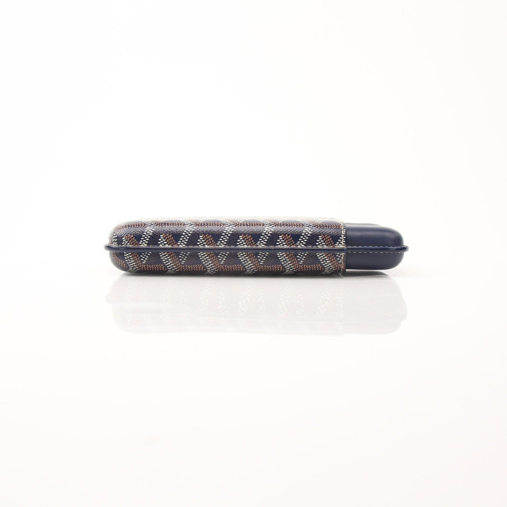 Goyard Churchill Navy Goyardine small cigar case from Gold & Beyond, showcasing navy blue fabric with Goyard pattern and gold accents.