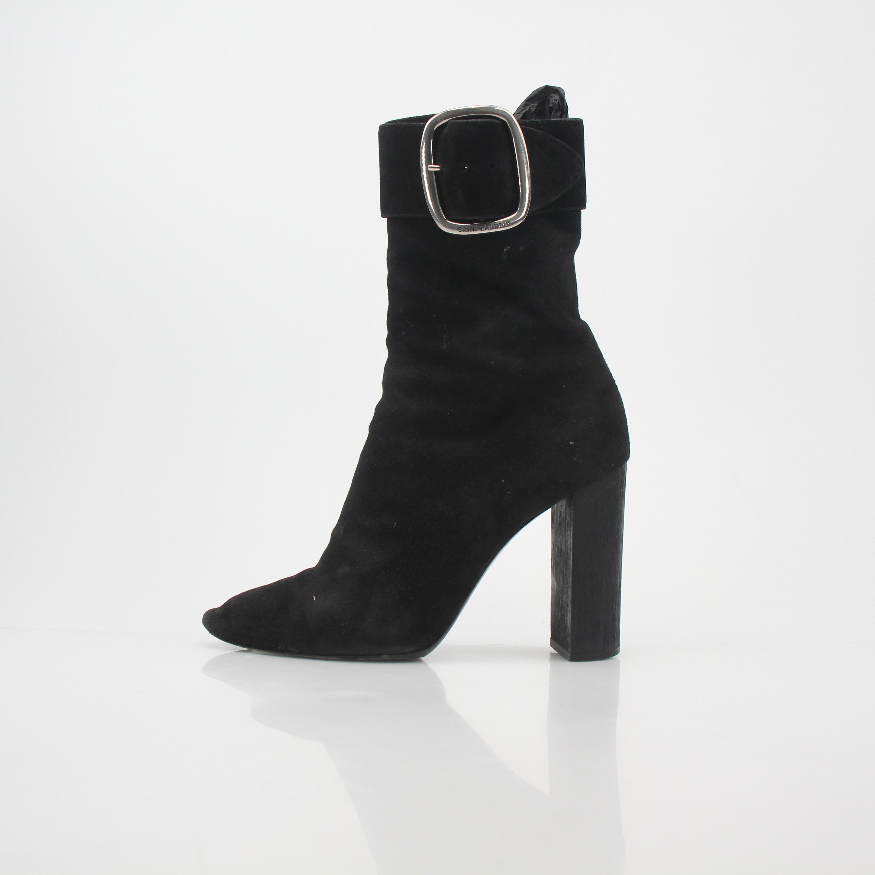 Saint Laurent Black Suede Joplin Buckle Ankle Boots
