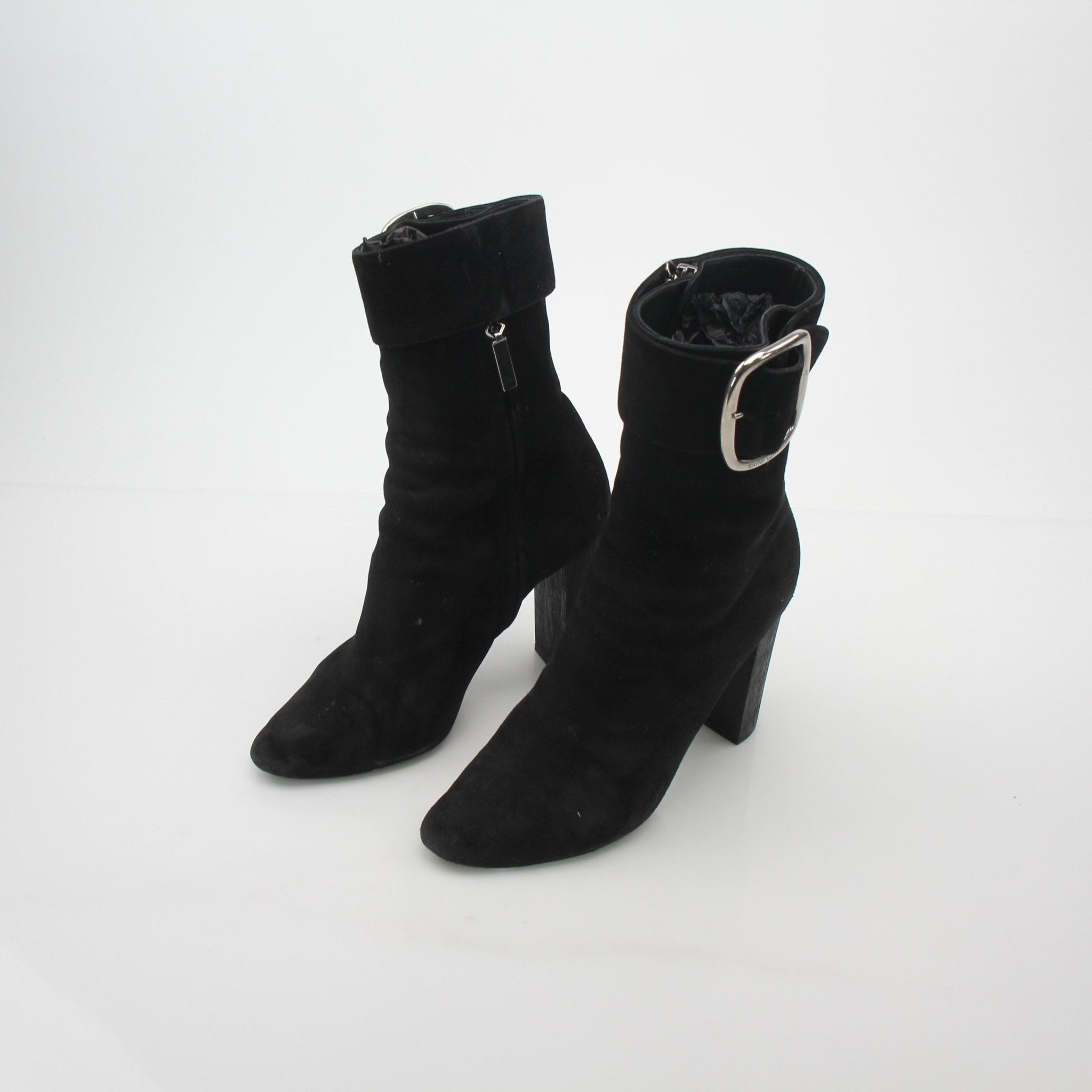 Black suede Saint Laurent Joplin buckle ankle boots by Gold & Beyond, showcasing sleek design and buckle details.
