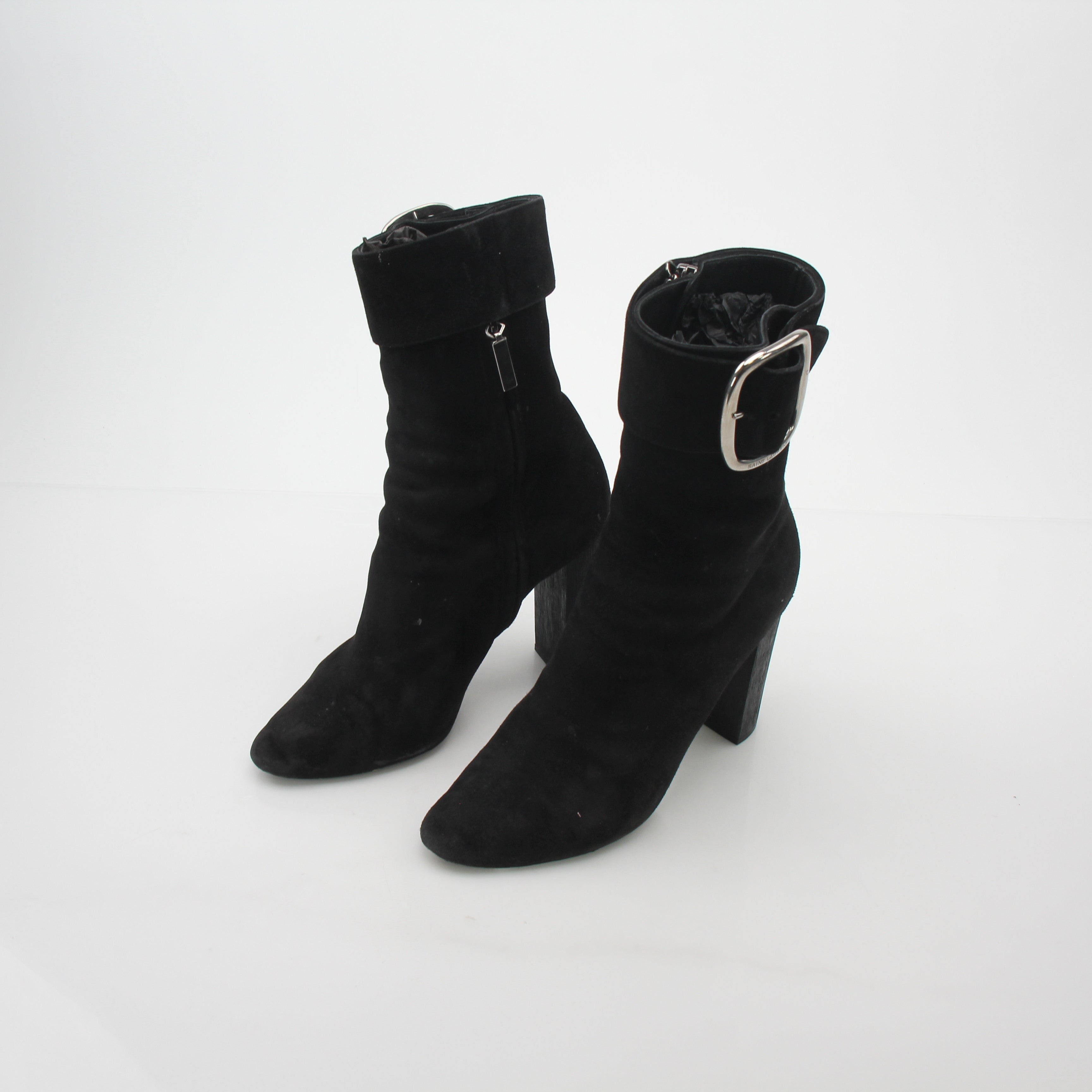 Saint Laurent Black Suede Joplin Buckle Ankle Boots