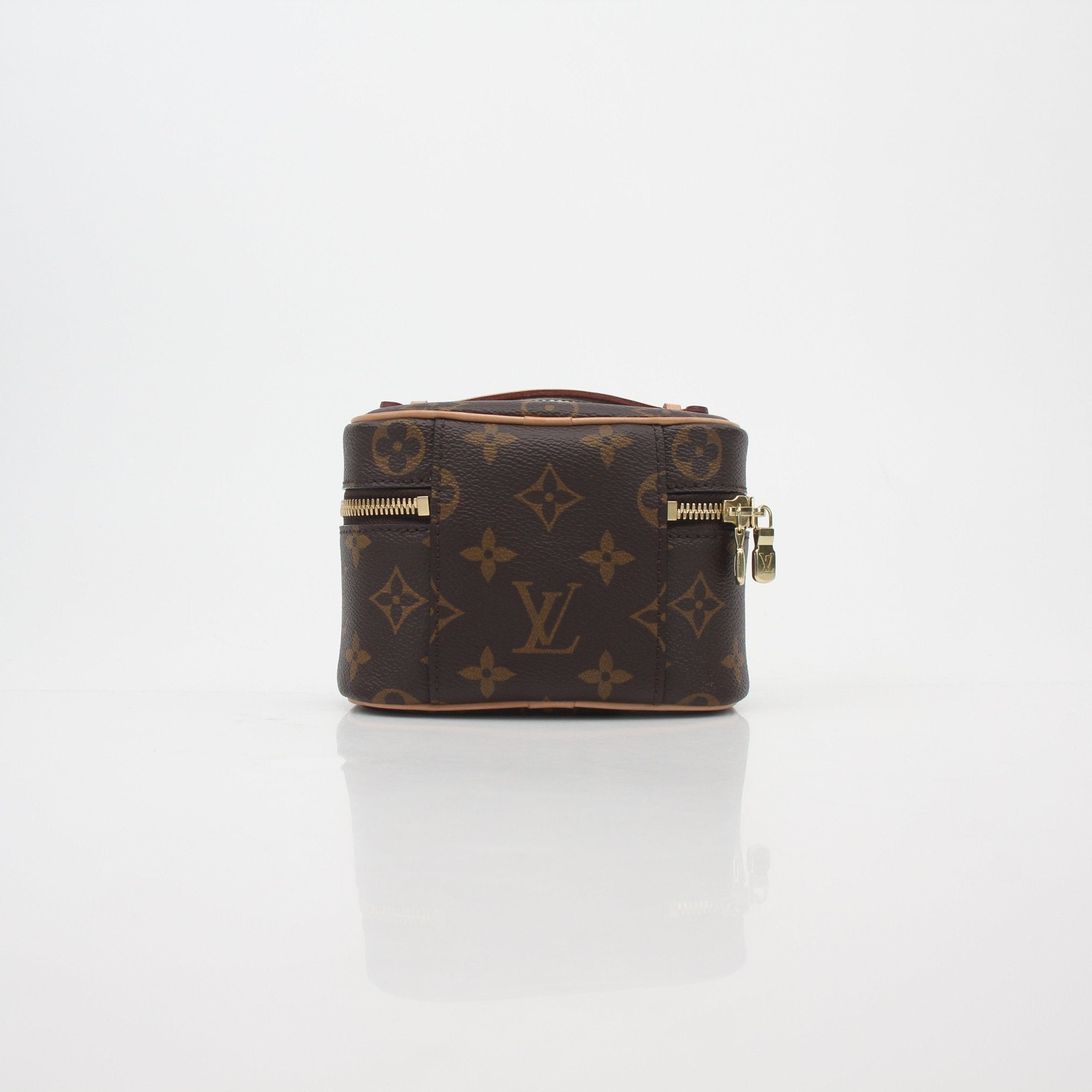 Louis Vuitton Monogram Nice Nano Vanity Case by Gold & Beyond, compact luxury vanity case with monogram pattern and gold accents.