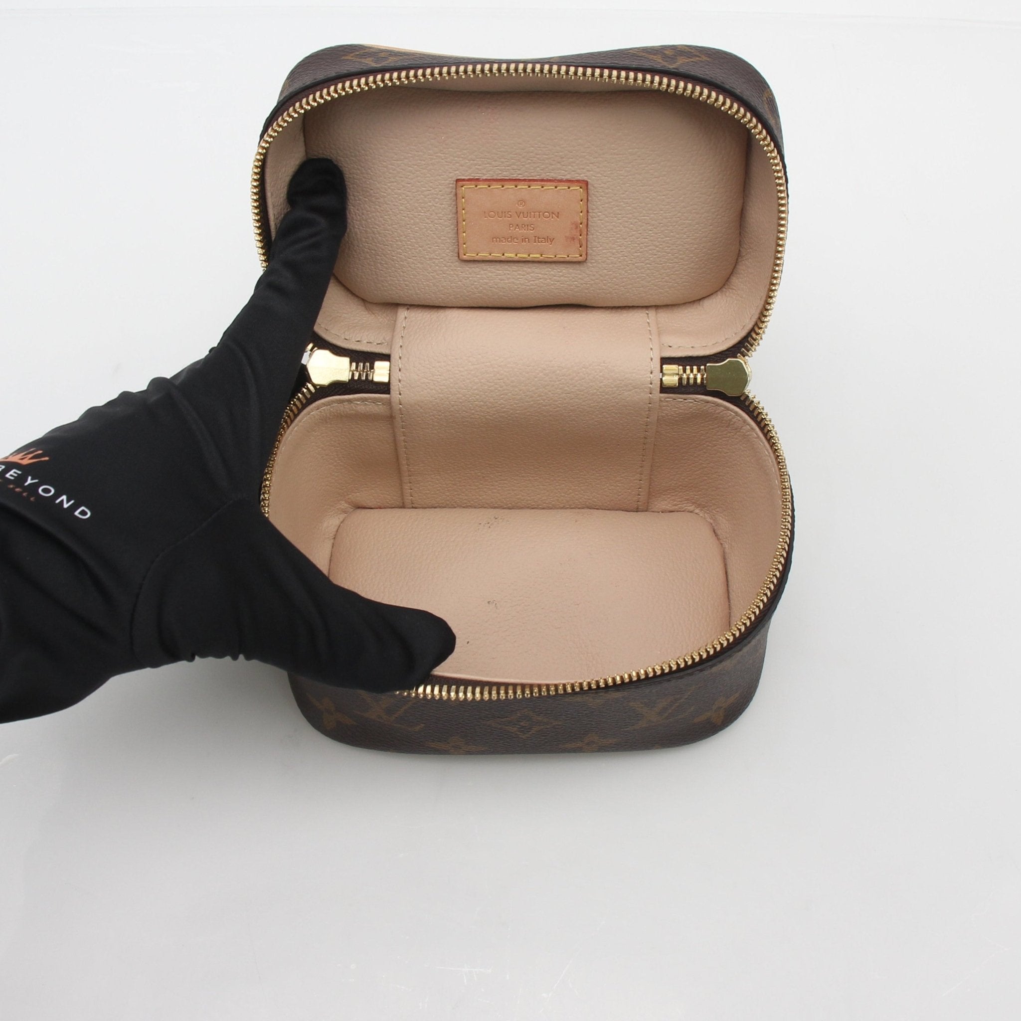 Louis Vuitton Monogram Nice Nano Vanity Case by Gold & Beyond, compact vanity case with iconic monogram pattern and gold accents.