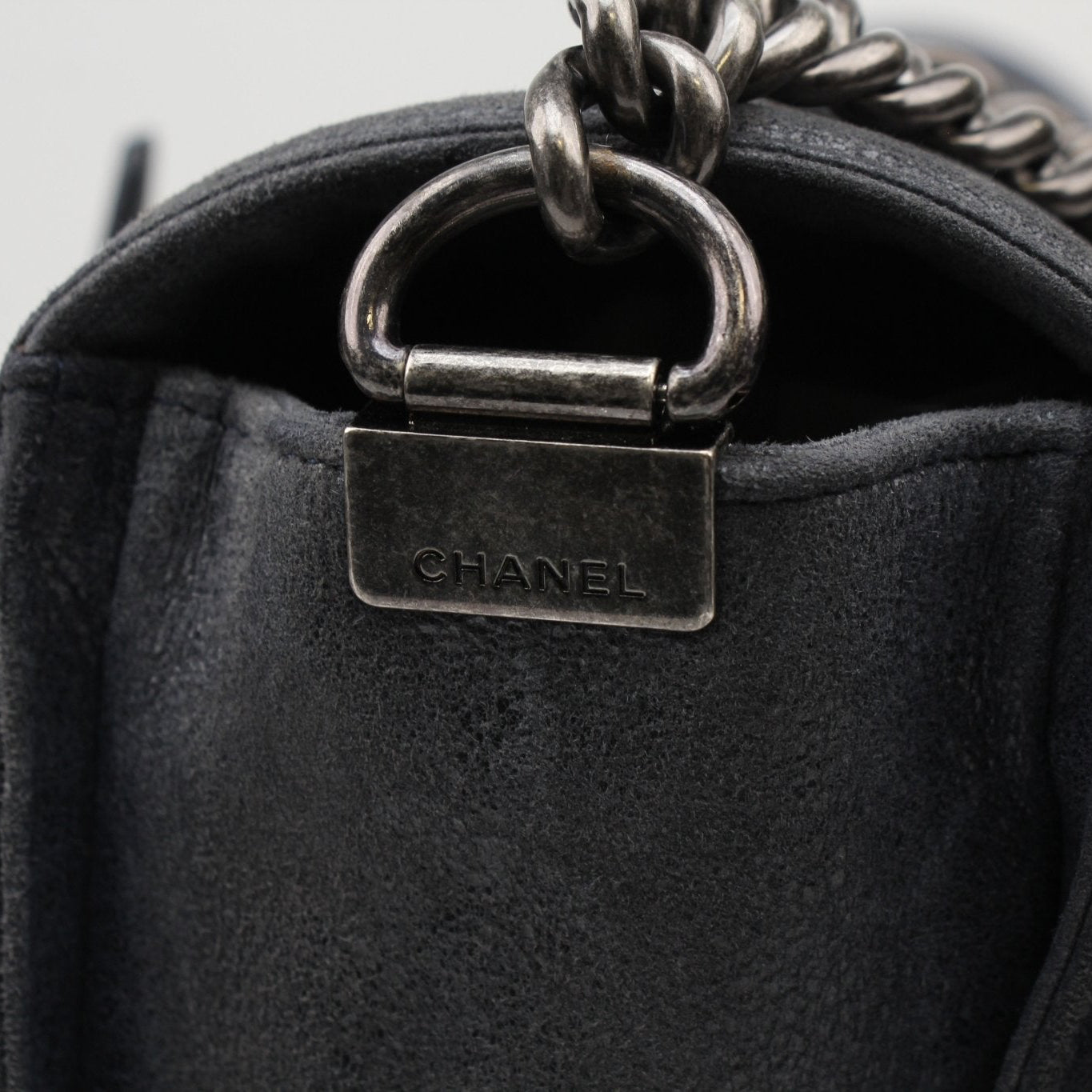 Chanel Charcoal Large Quilted Soft Boy Handbag with gold hardware, soft leather texture, and quilted design.