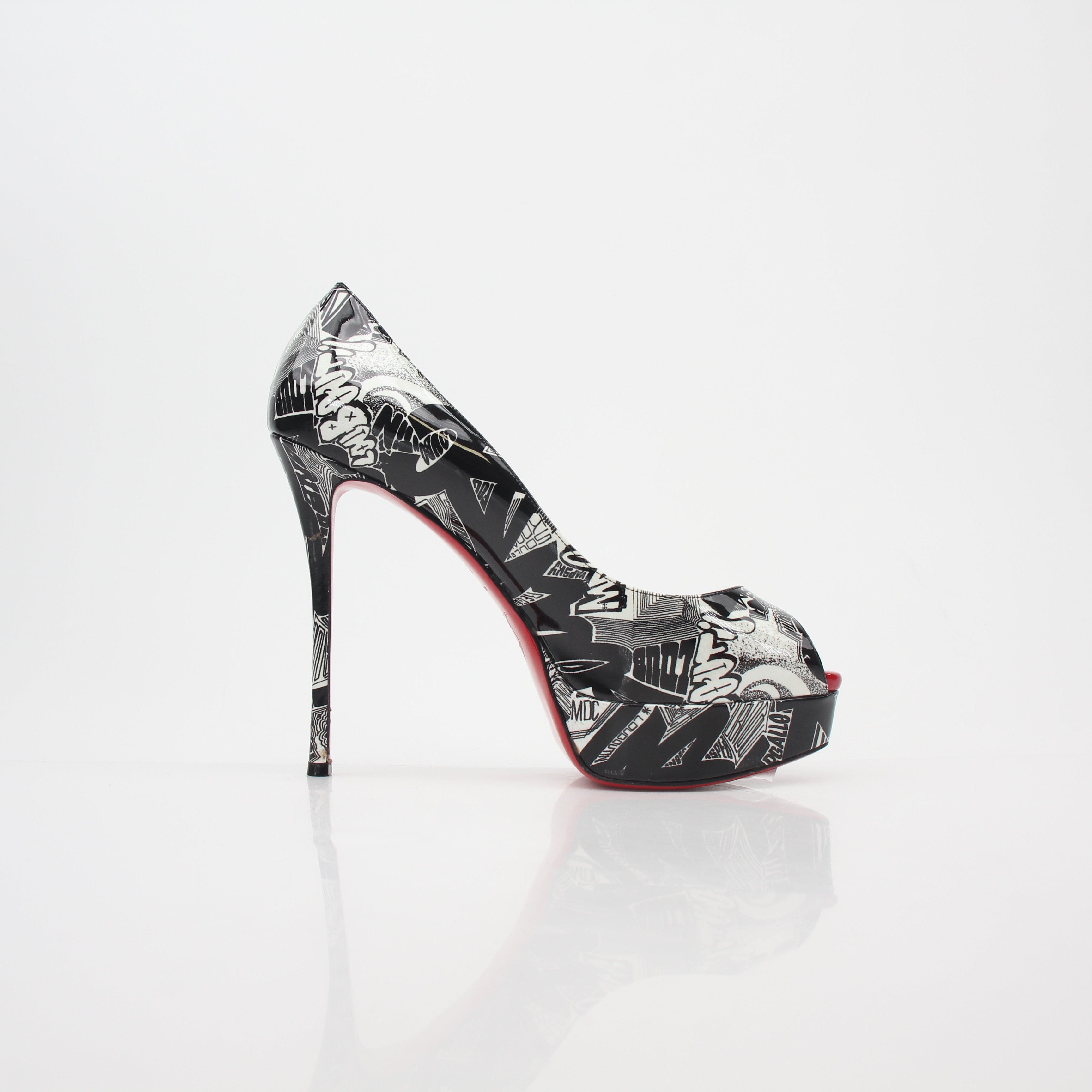 Christian Louboutin Black and White Printed Fetish Peep Platform Heels