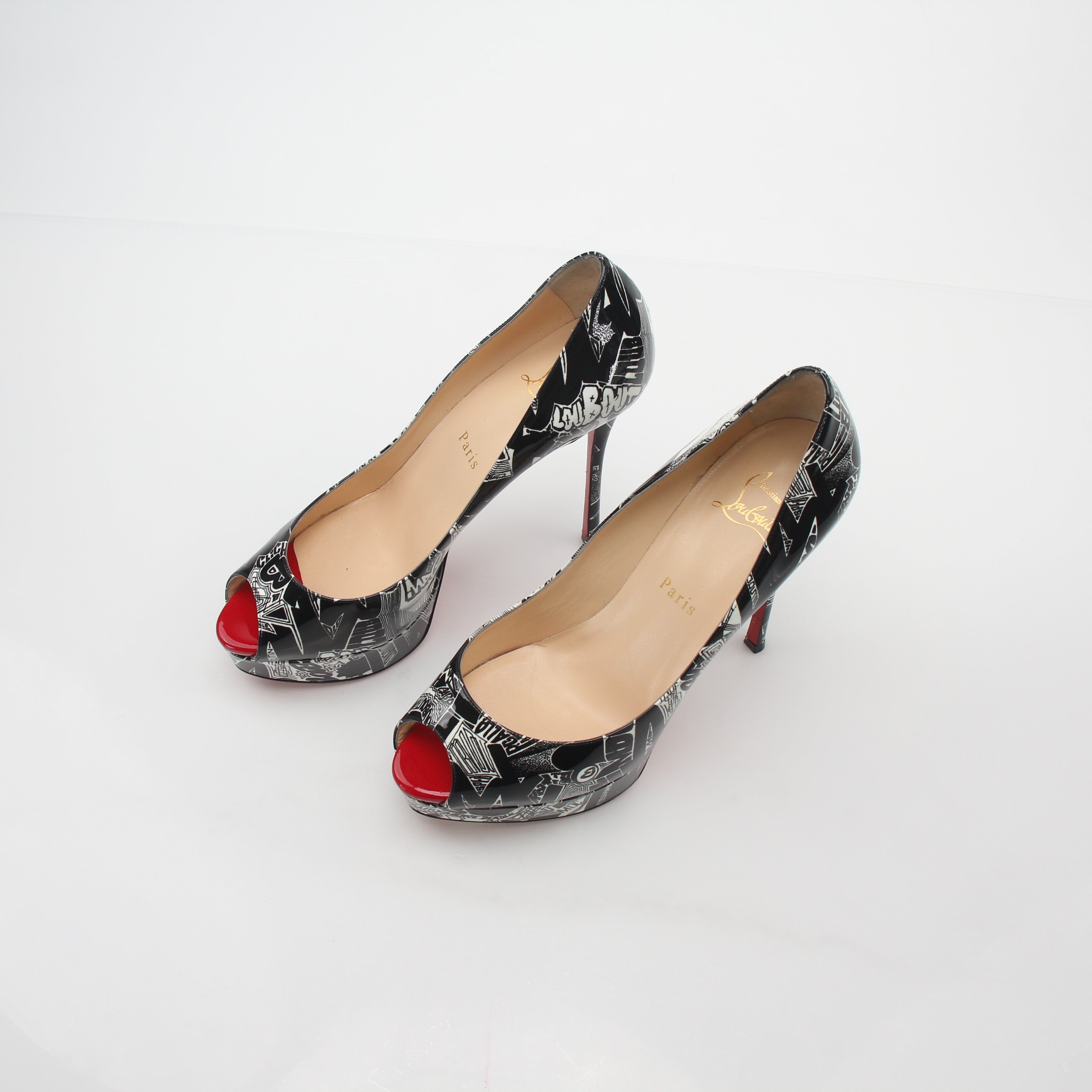 Christian Louboutin Black and White Printed Fetish Peep Platform Heels