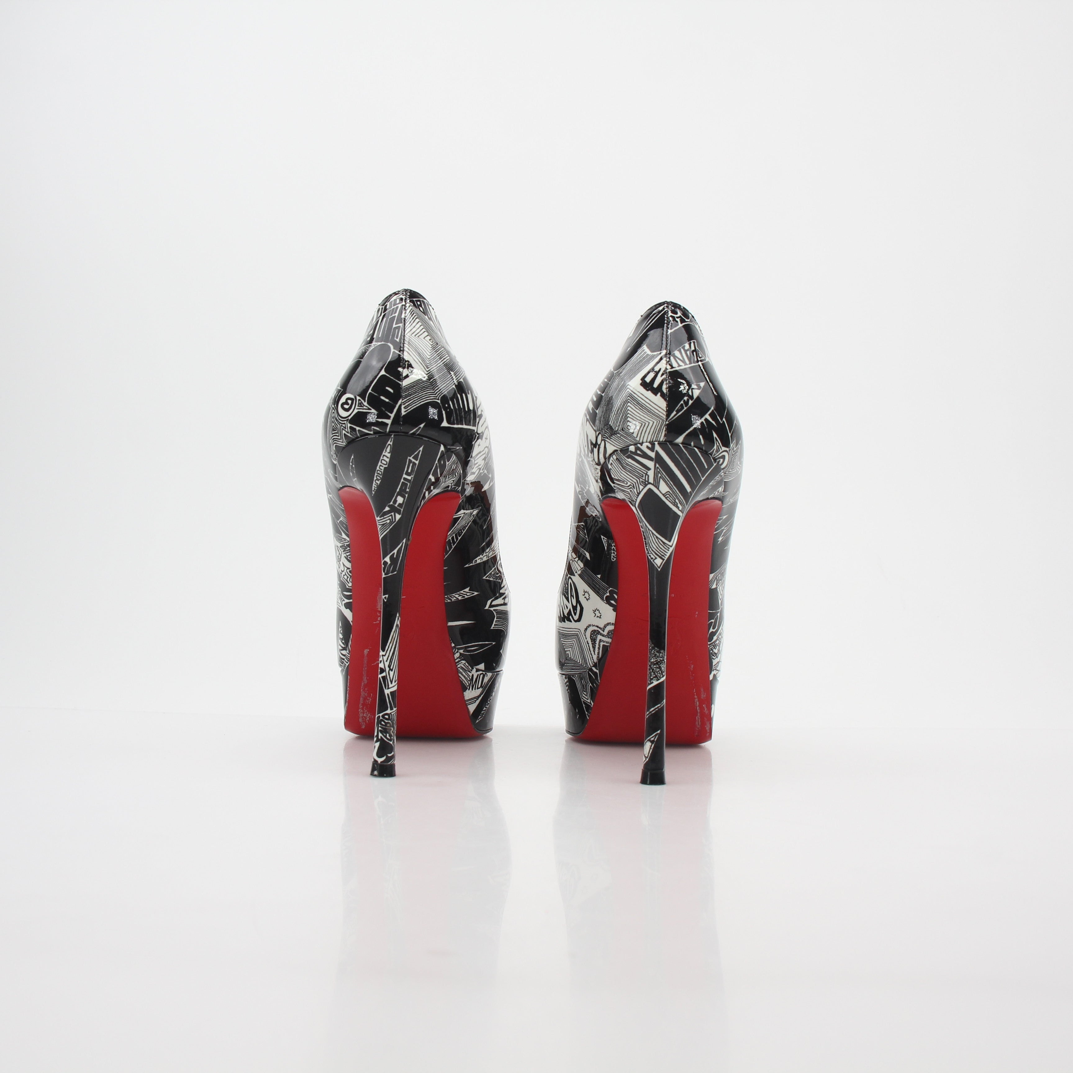 Christian Louboutin Black and White Printed Fetish Peep Platform Heels