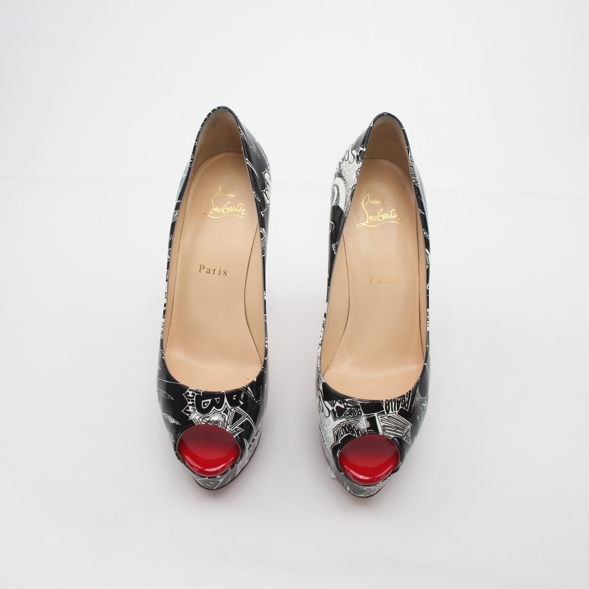 Christian Louboutin Black and White Printed Fetish Peep Platform Heels