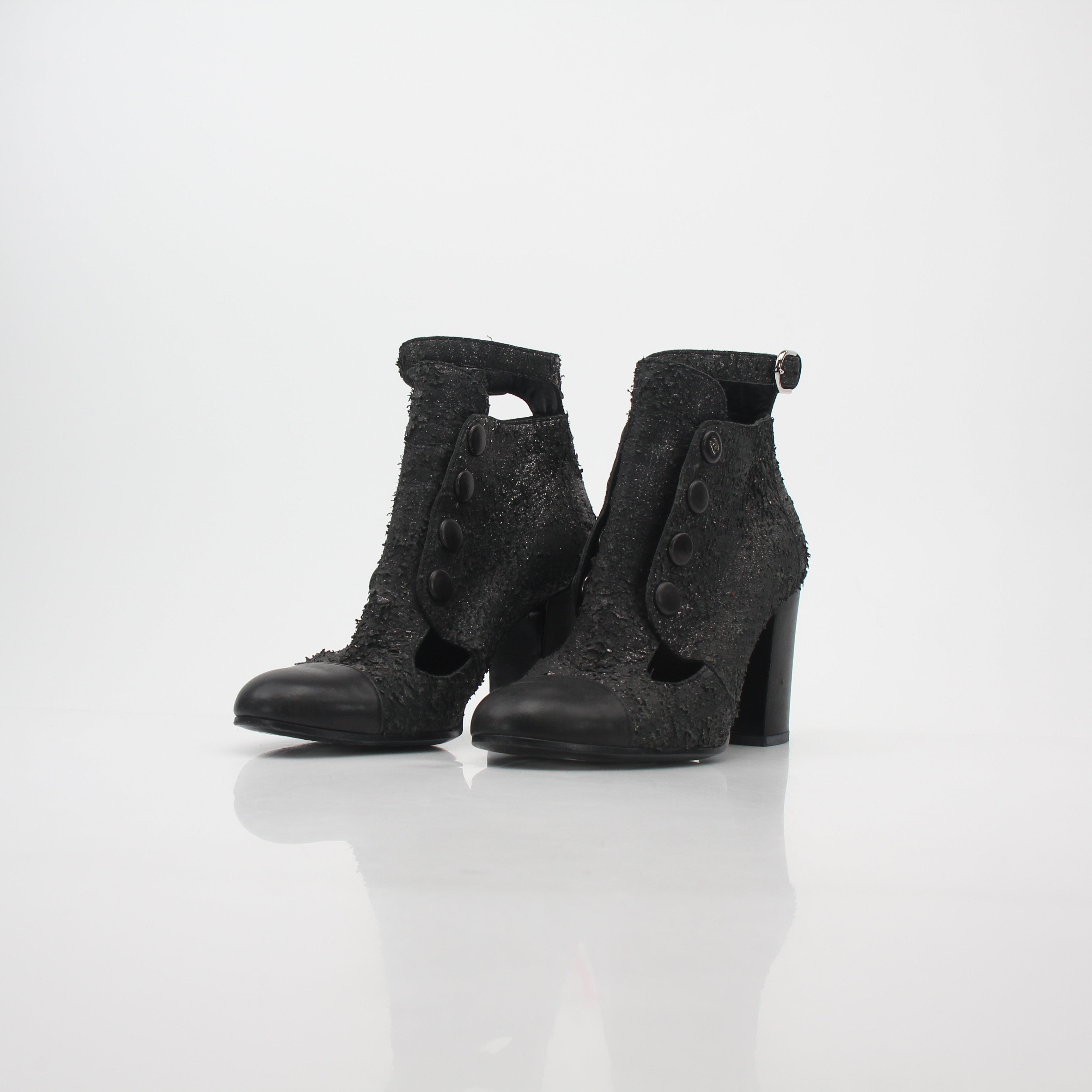Chanel Black Distressed Cutout Ankle Boots