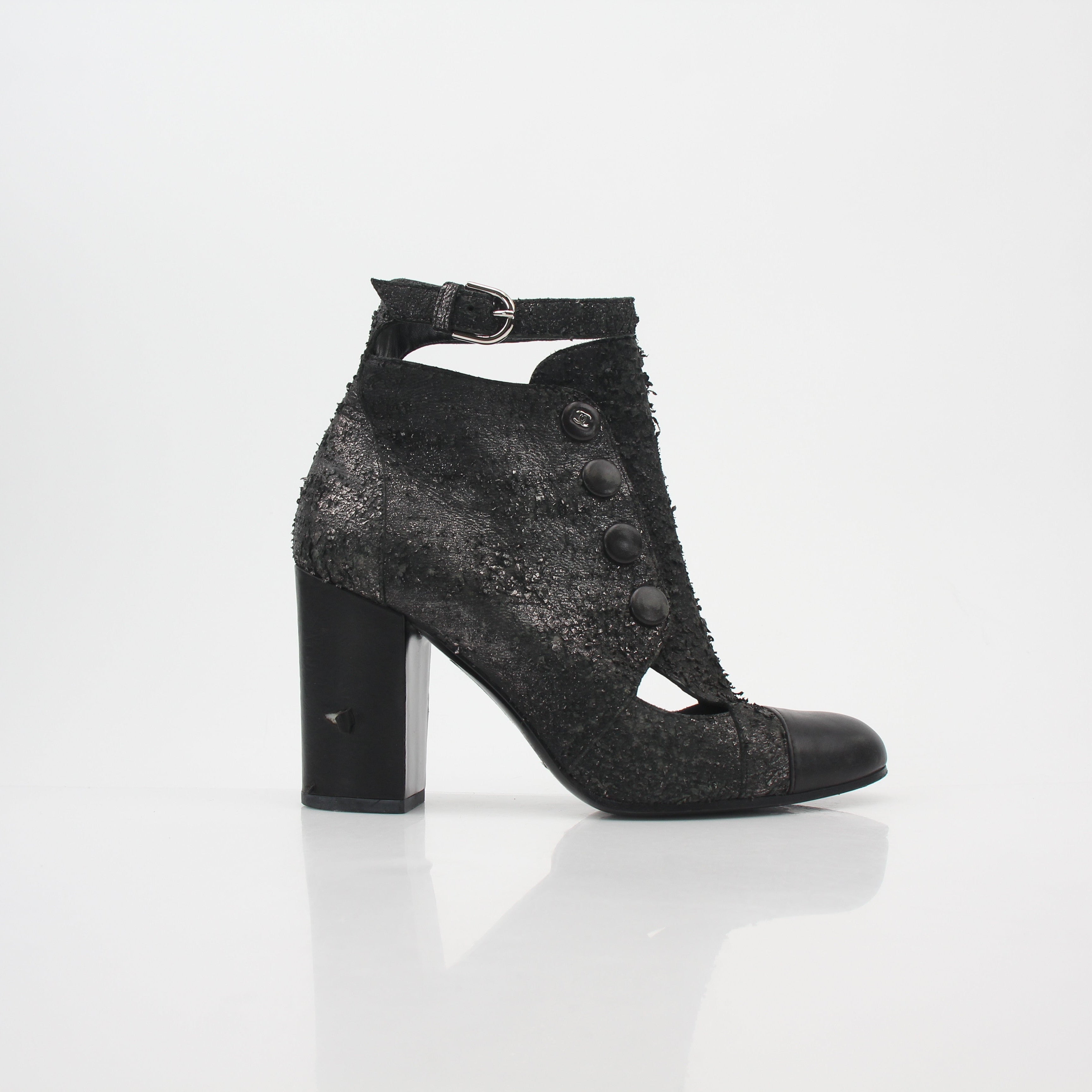 Chanel Black Distressed Cutout Ankle Boots