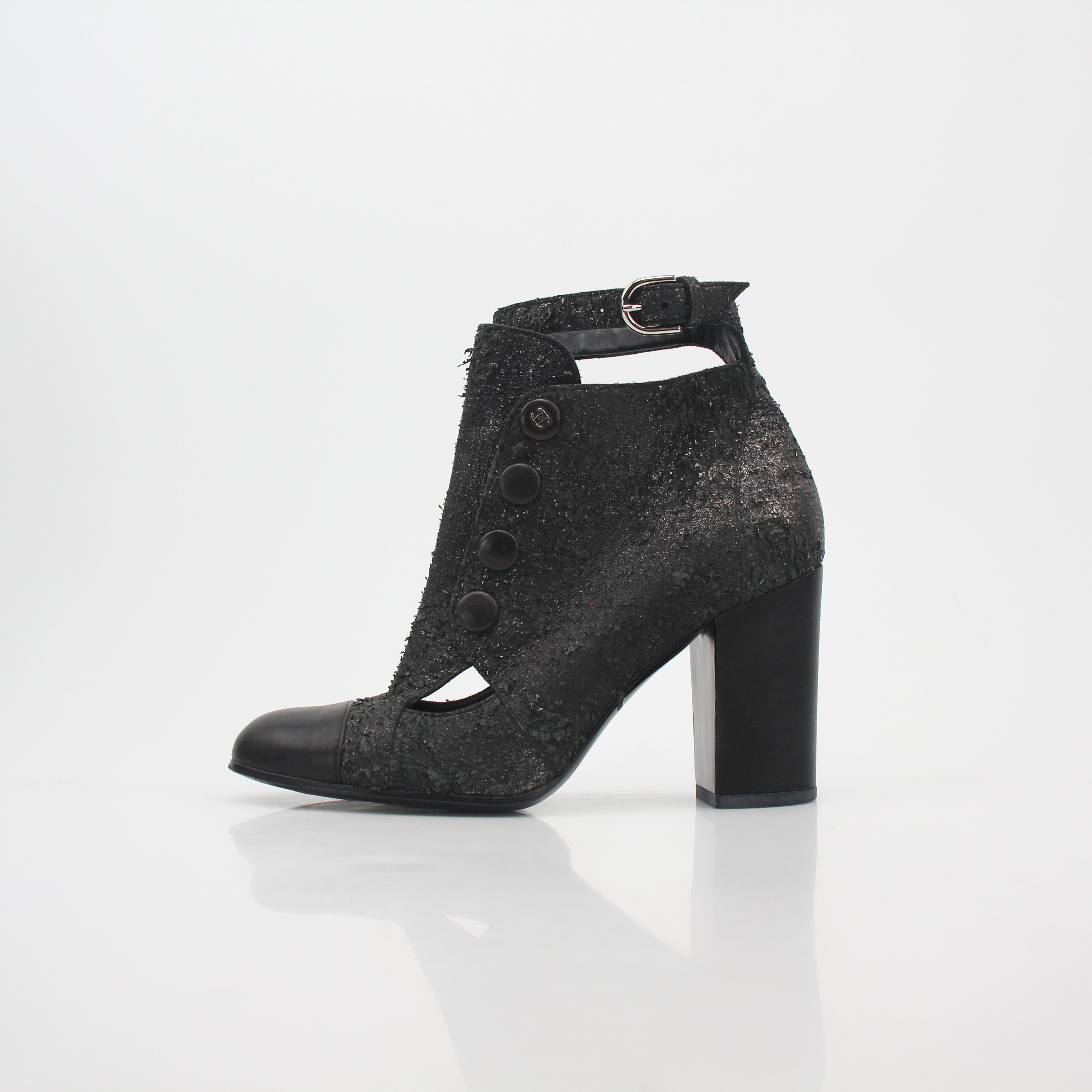 Chanel Black Distressed Cutout Ankle Boots