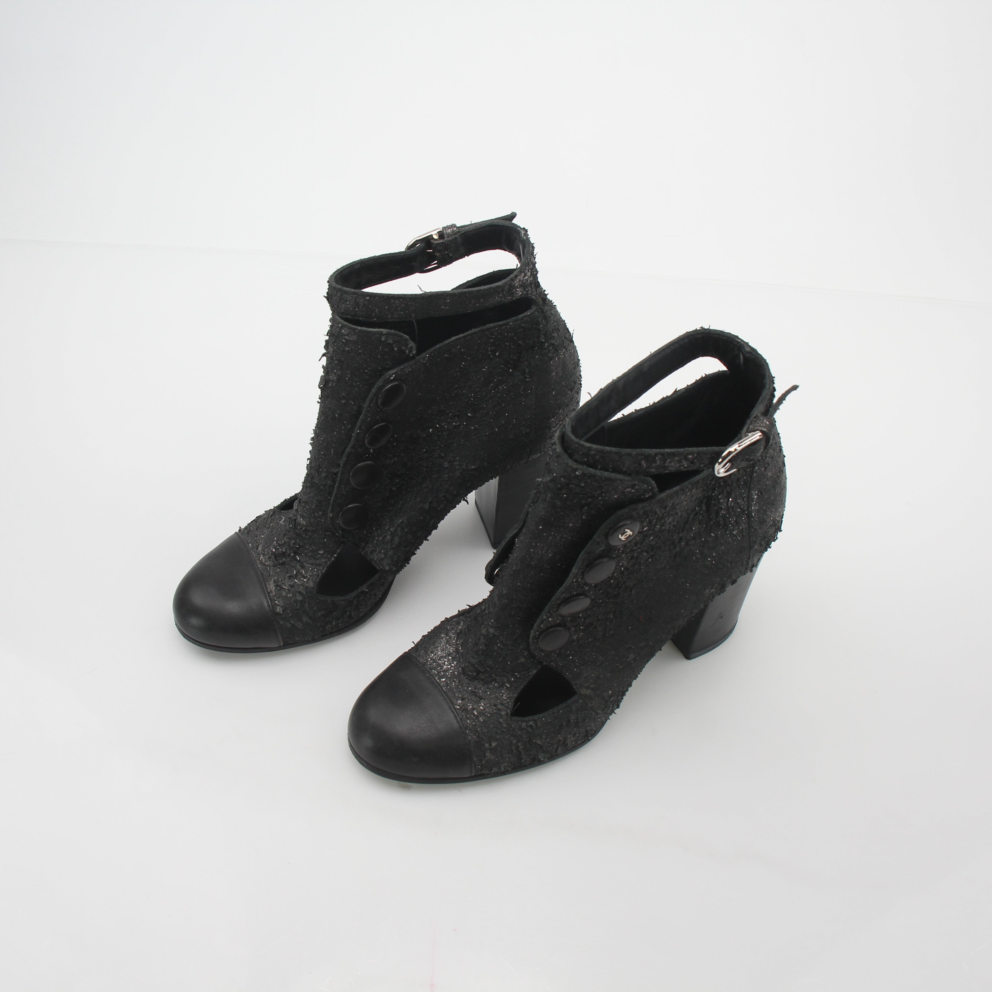 Chanel Black Distressed Cutout Ankle Boots