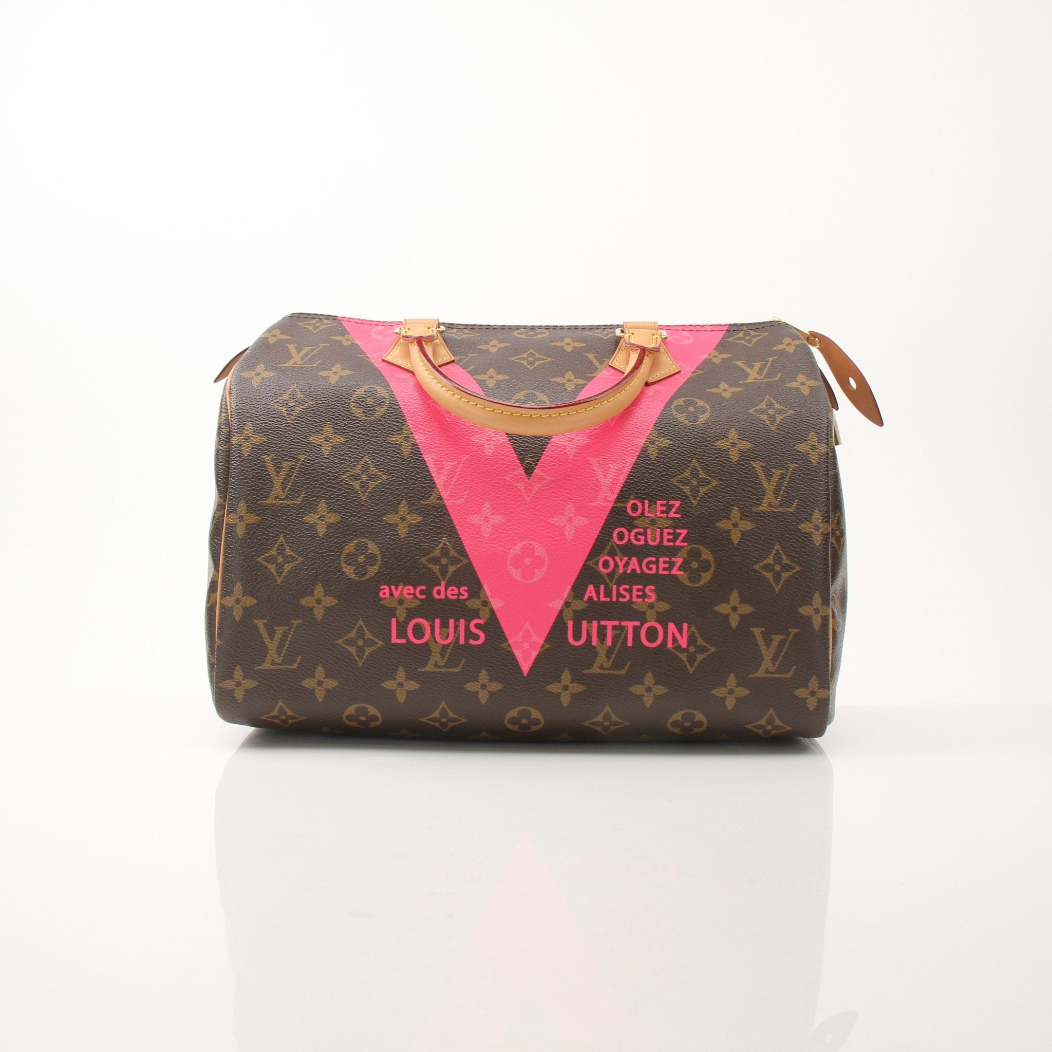 Louis Vuitton Speedy 30 Monogram V tote handbag with gold hardware and signature monogram canvas, featuring dual top handles.