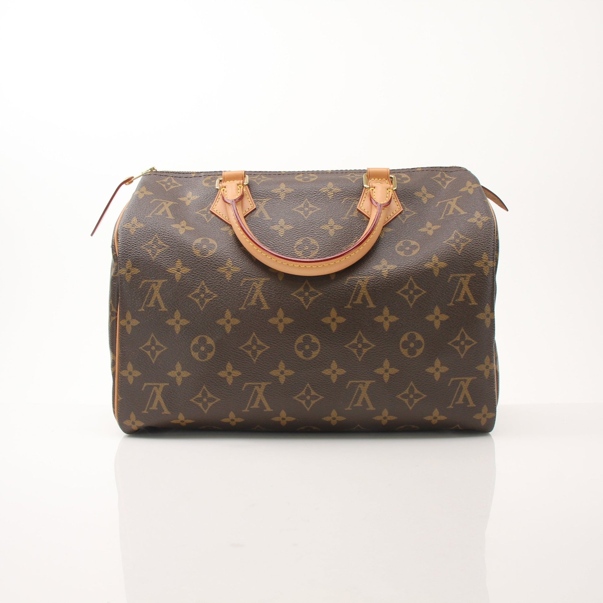 Louis Vuitton Speedy 30 Monogram V tote handbag with gold hardware and structured design, featuring classic monogram canvas.