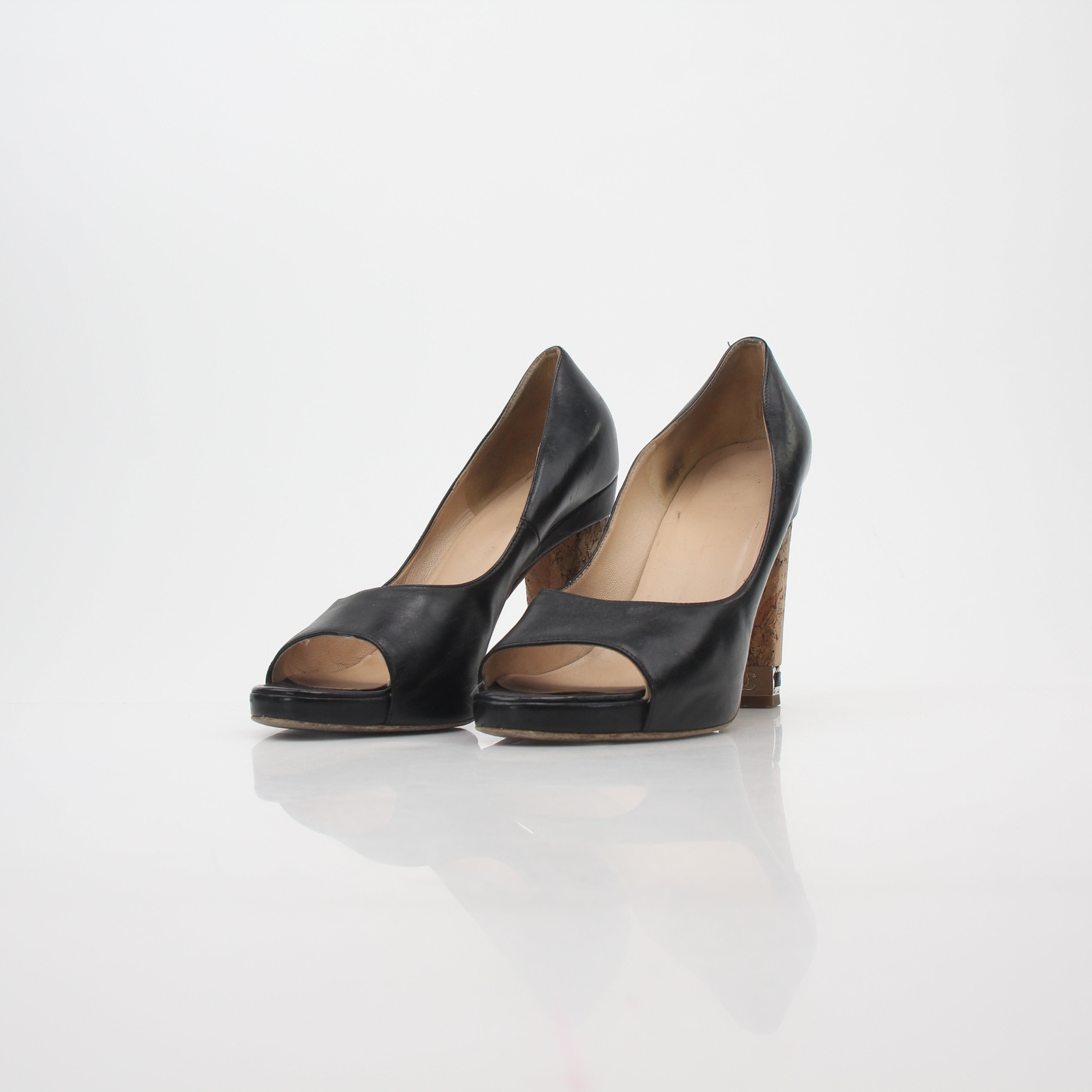 Chanel Black Leather Cork Heel Peep-Toe Pumps