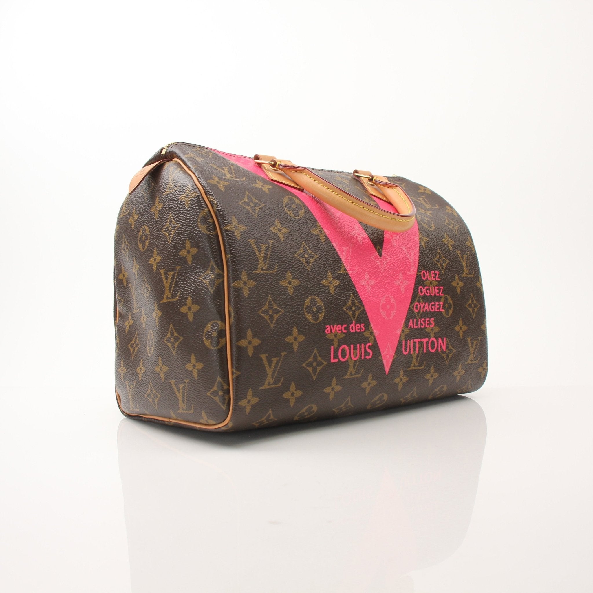 Louis Vuitton Speedy 30 Monogram V Tote handbag with gold hardware and leather handles, featuring the iconic LV monogram canvas.
