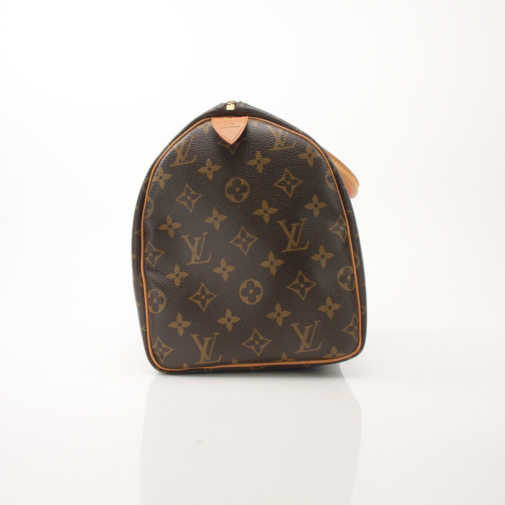 Louis Vuitton Speedy 30 Monogram V tote handbag with gold-tone hardware and leather handles, displayed on a neutral background.