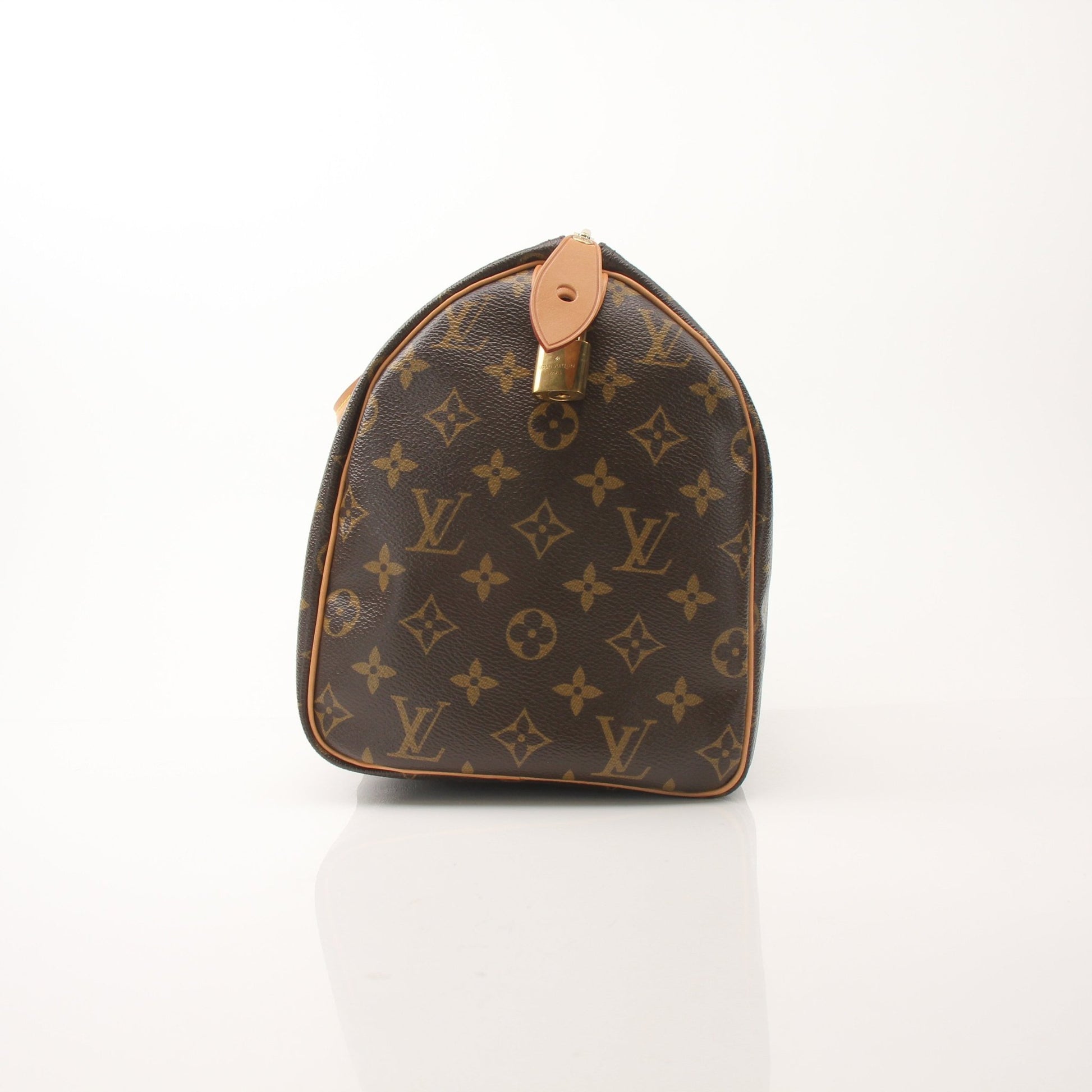 Louis Vuitton Speedy 30 Monogram V Tote handbag with gold-tone hardware and leather handles, featuring classic monogram canvas design.