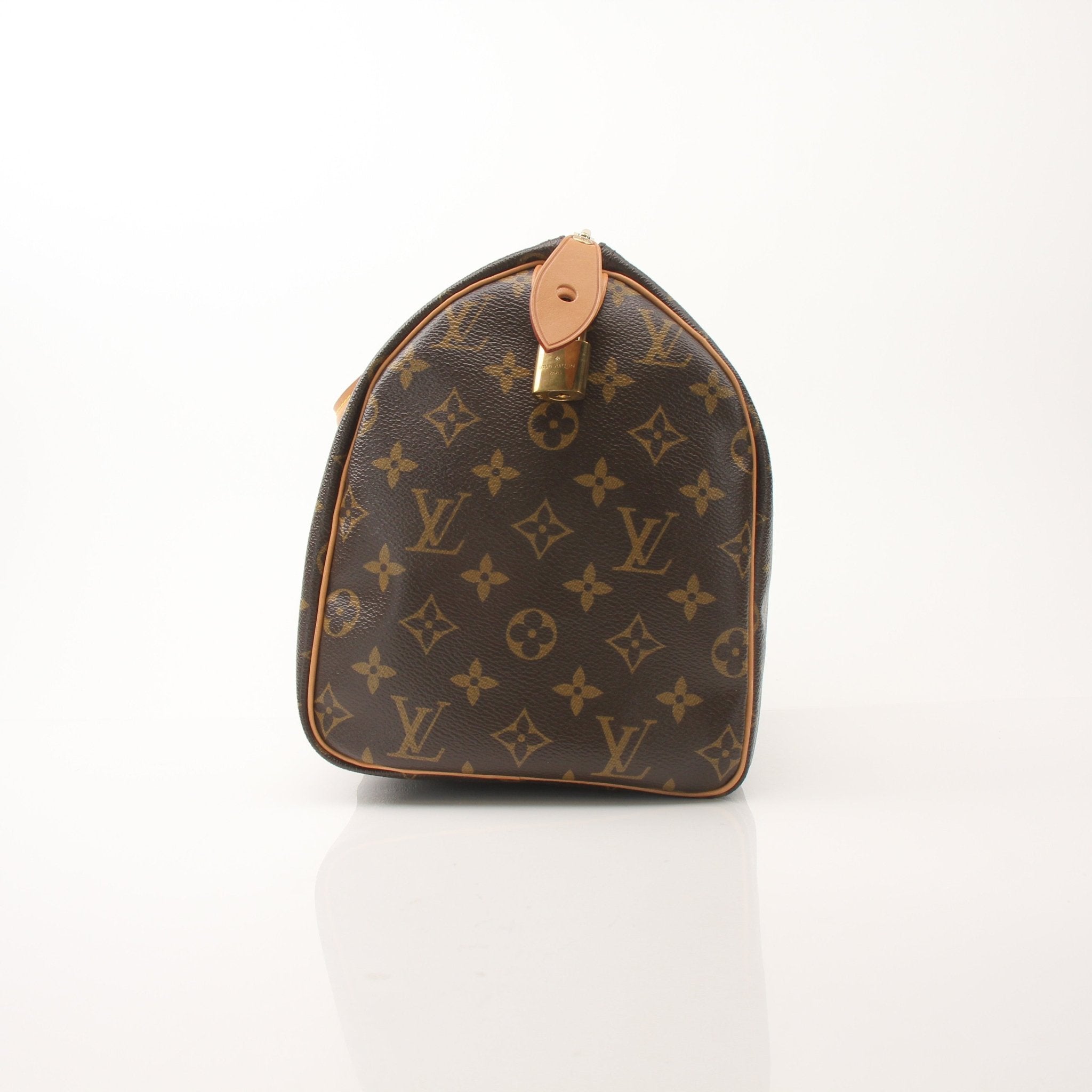 Louis Vuitton Speedy 30 Monogram V Tote handbag with gold-tone hardware and leather handles, featuring classic monogram canvas design.