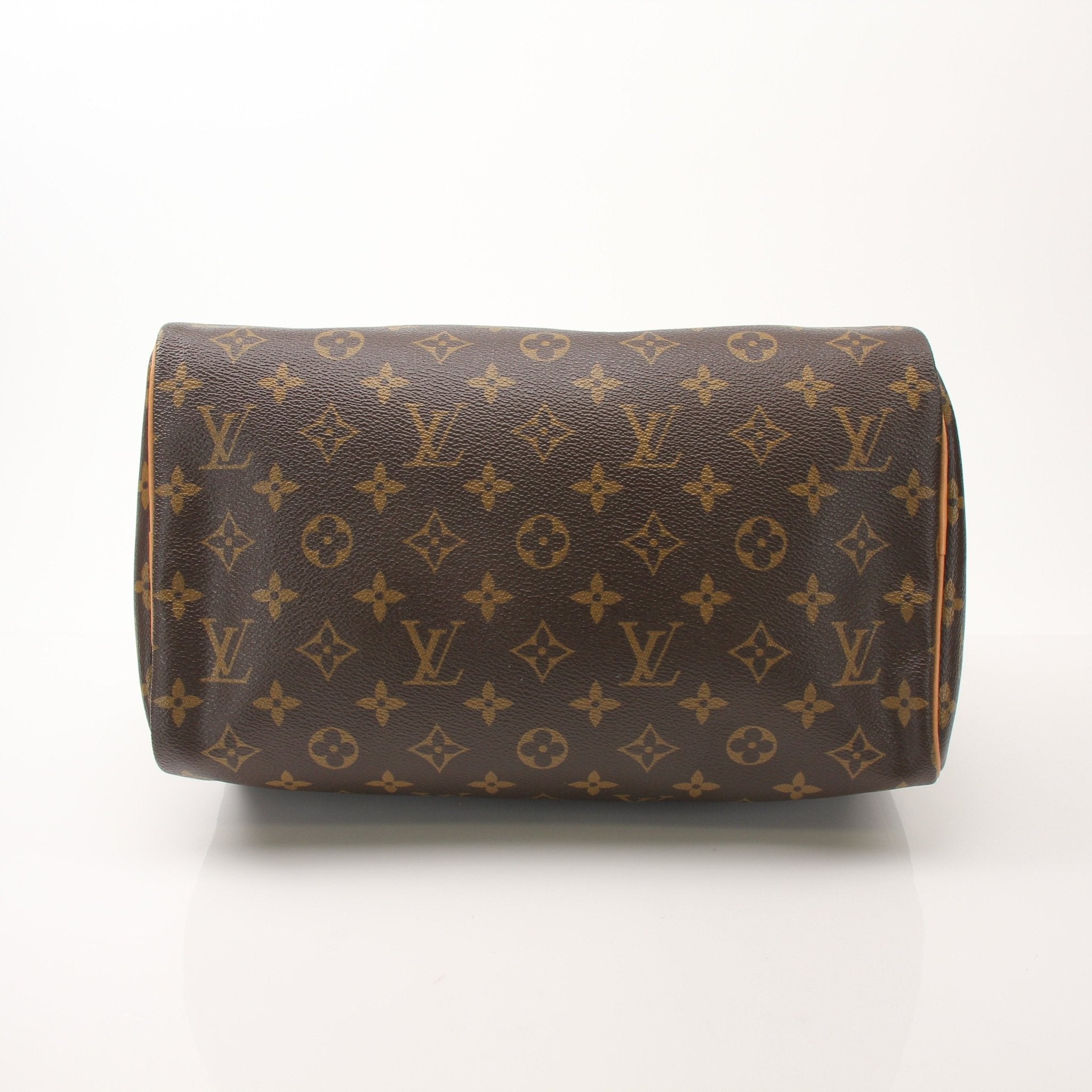 Louis Vuitton Speedy 30 Monogram V tote handbag with gold hardware and leather handles, featuring classic monogram canvas.