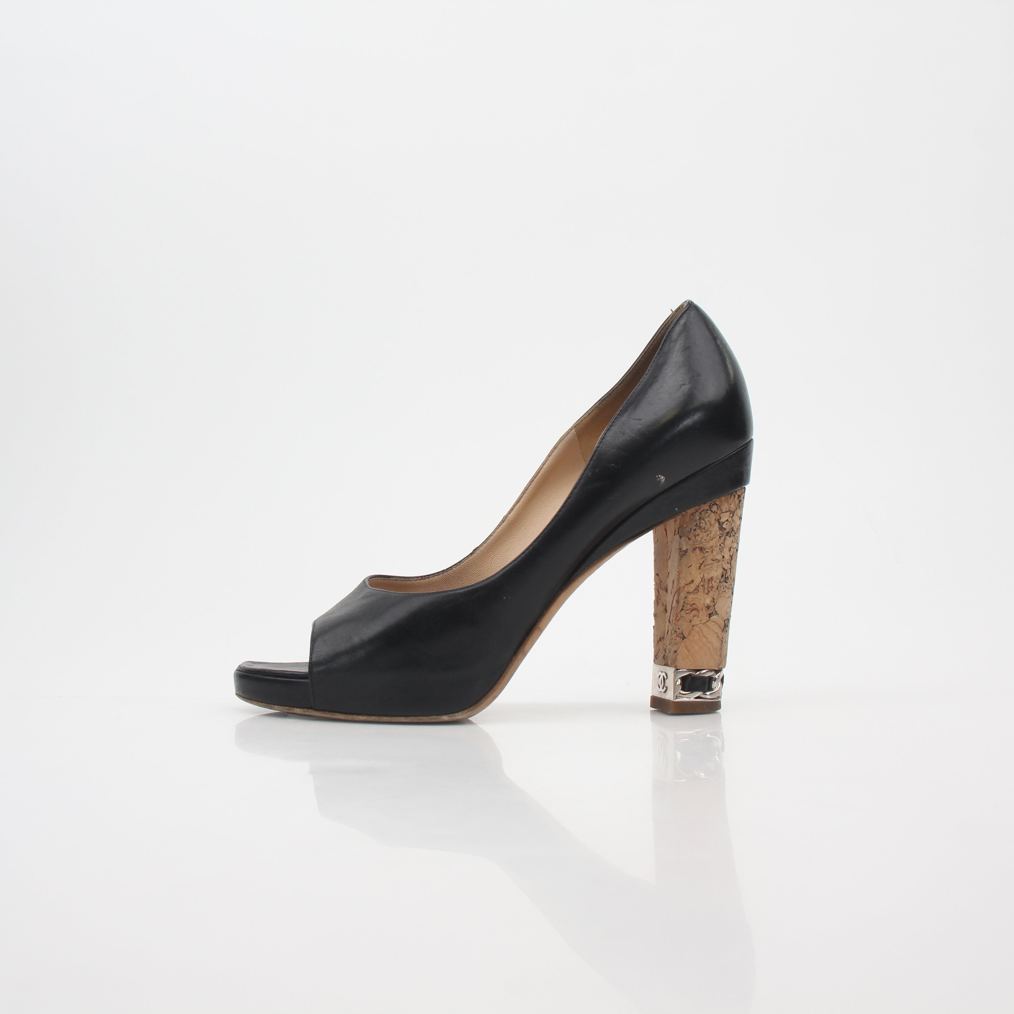 Chanel Black Leather Cork Heel Peep-Toe Pumps