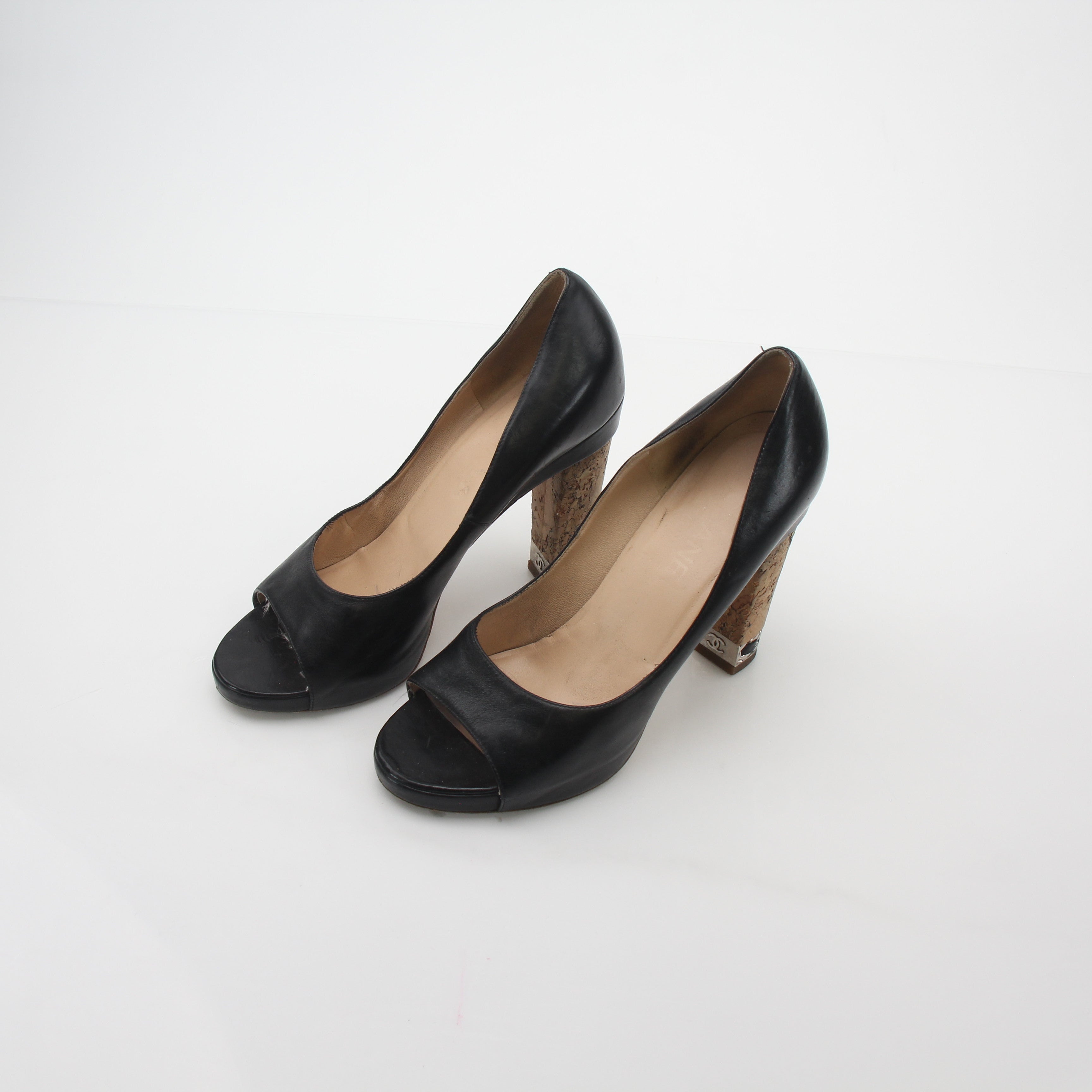 Chanel Black Leather Cork Heel Peep-Toe Pumps
