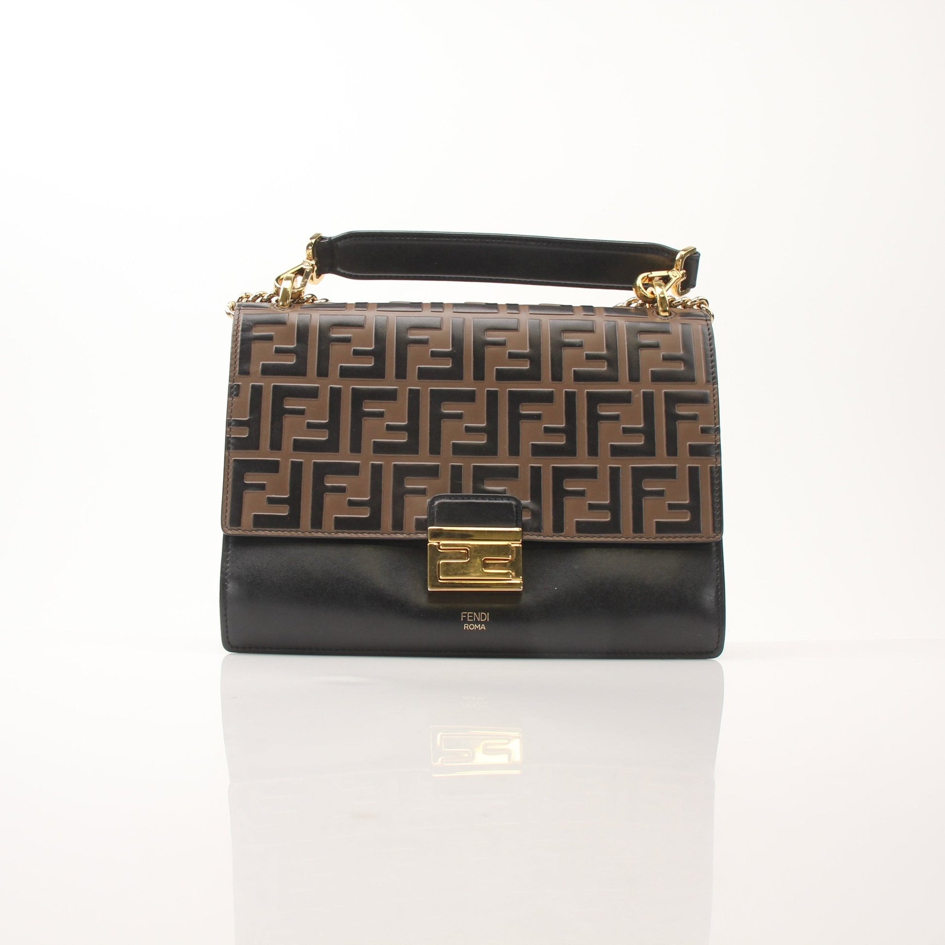 Gold & Beyond Fendi FF Kan Shoulder Bag handbag with signature logo pattern and adjustable strap, displayed on a plain background.