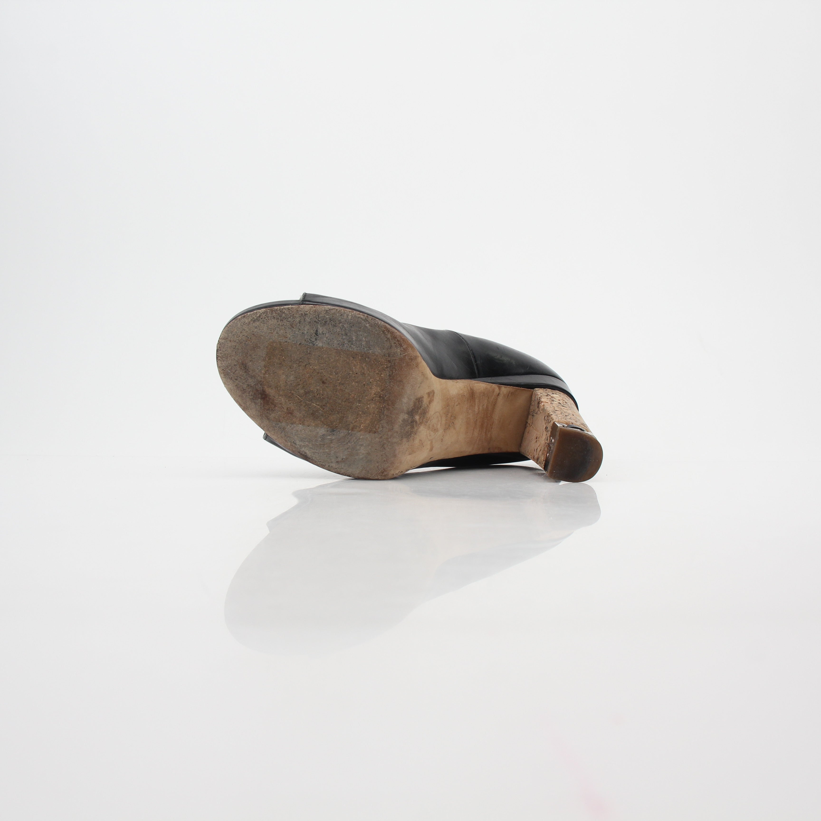 Chanel Black Leather Cork Heel Peep-Toe Pumps