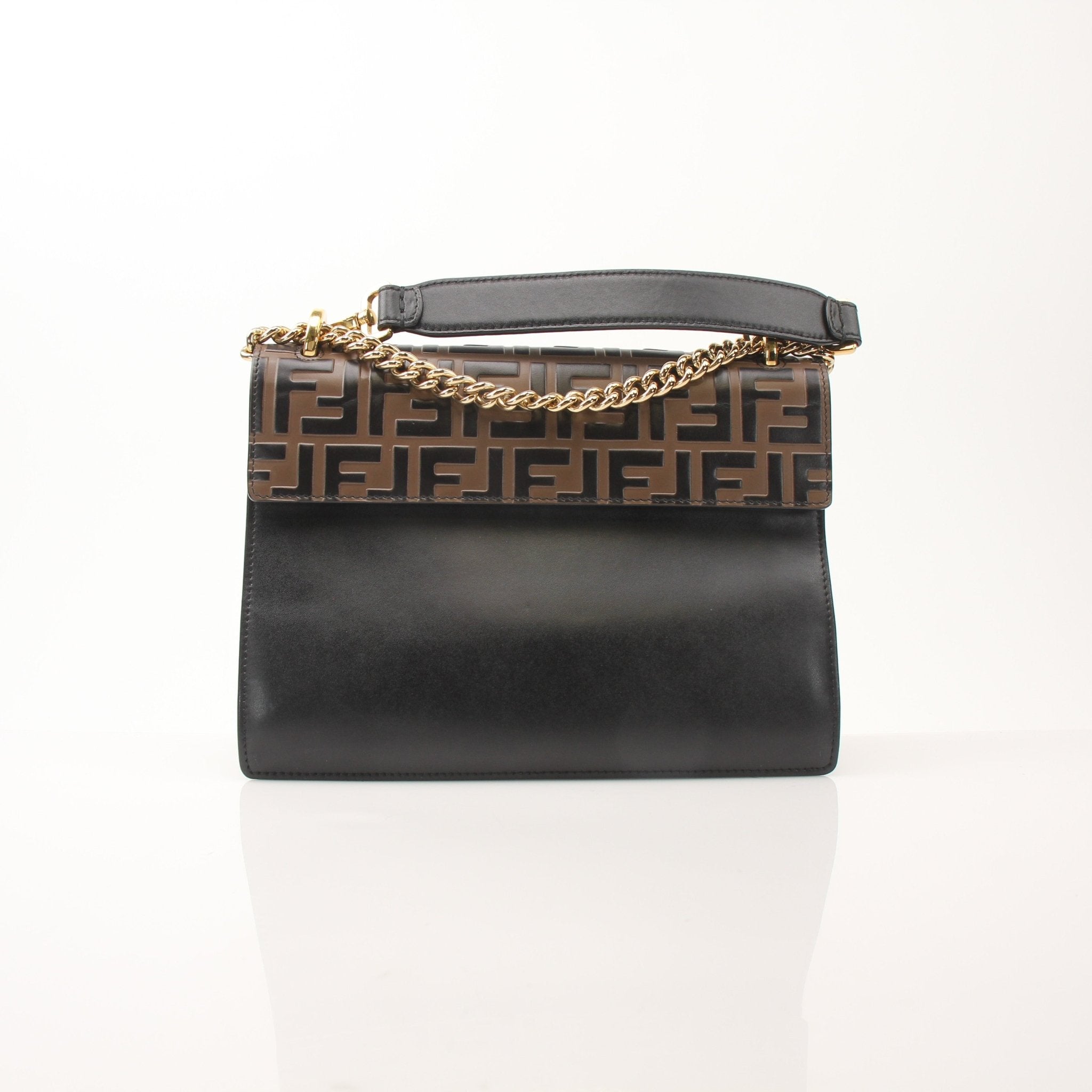 Gold & Beyond Fendi FF Kan shoulder handbag with monogram canvas, leather trim, and top handle for stylish everyday use.