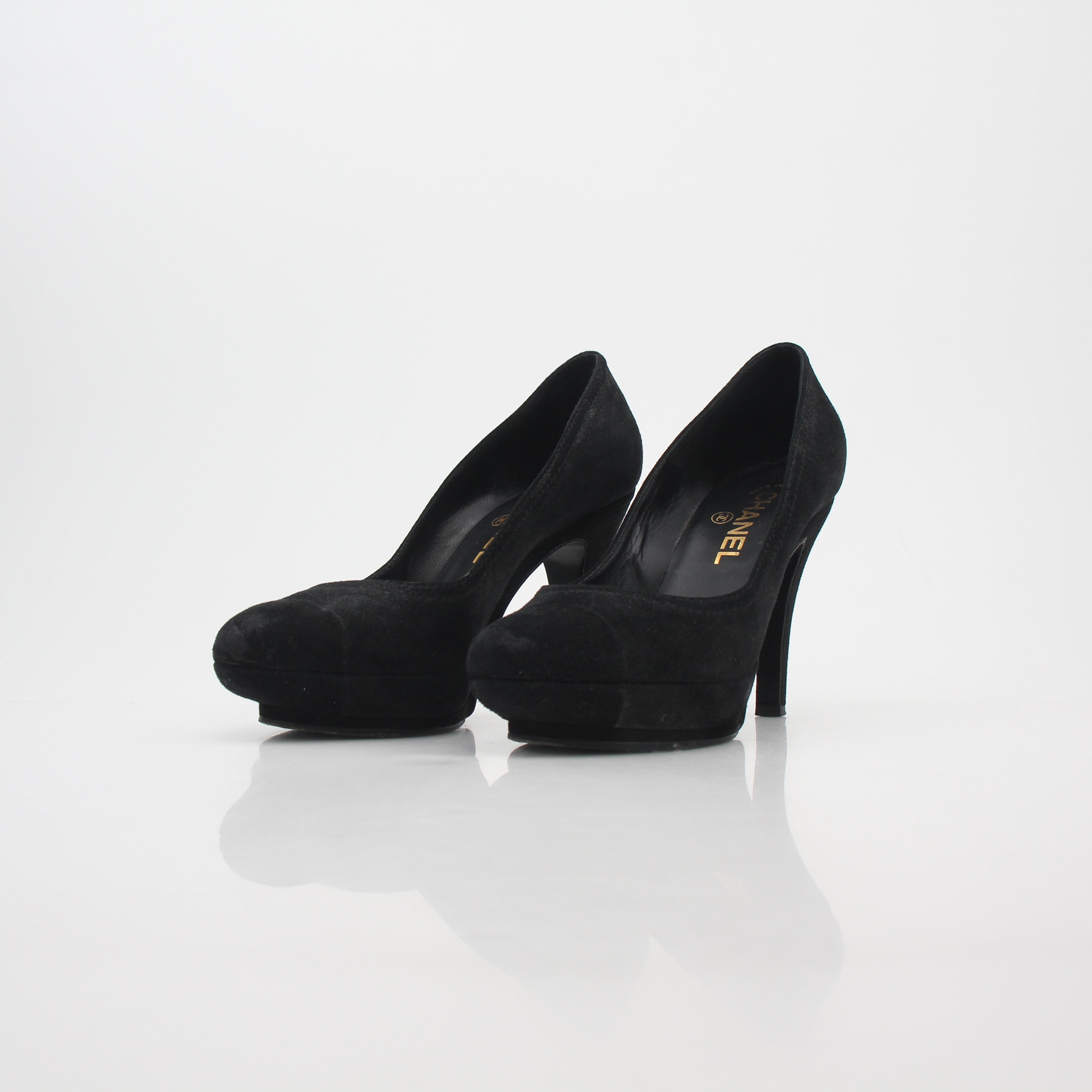 Chanel Black Suede Round-Toe Platform Pumps