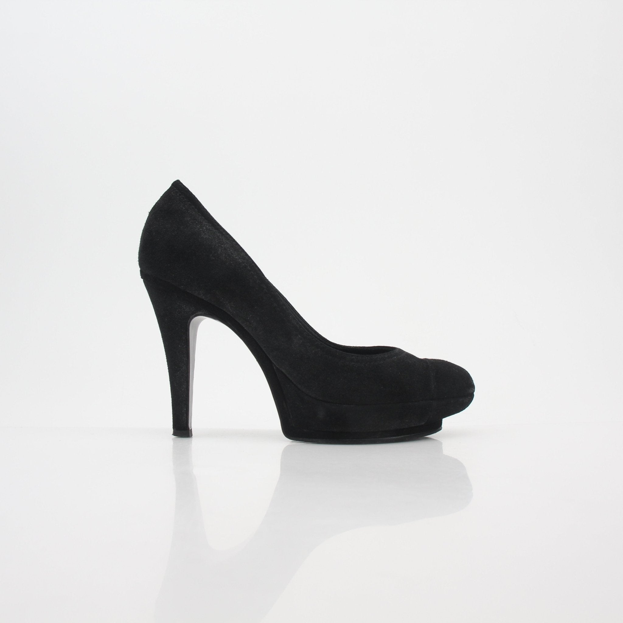 Gold & Beyond black suede Chanel-inspired round-toe platform heel pumps with sleek design and sturdy heels.