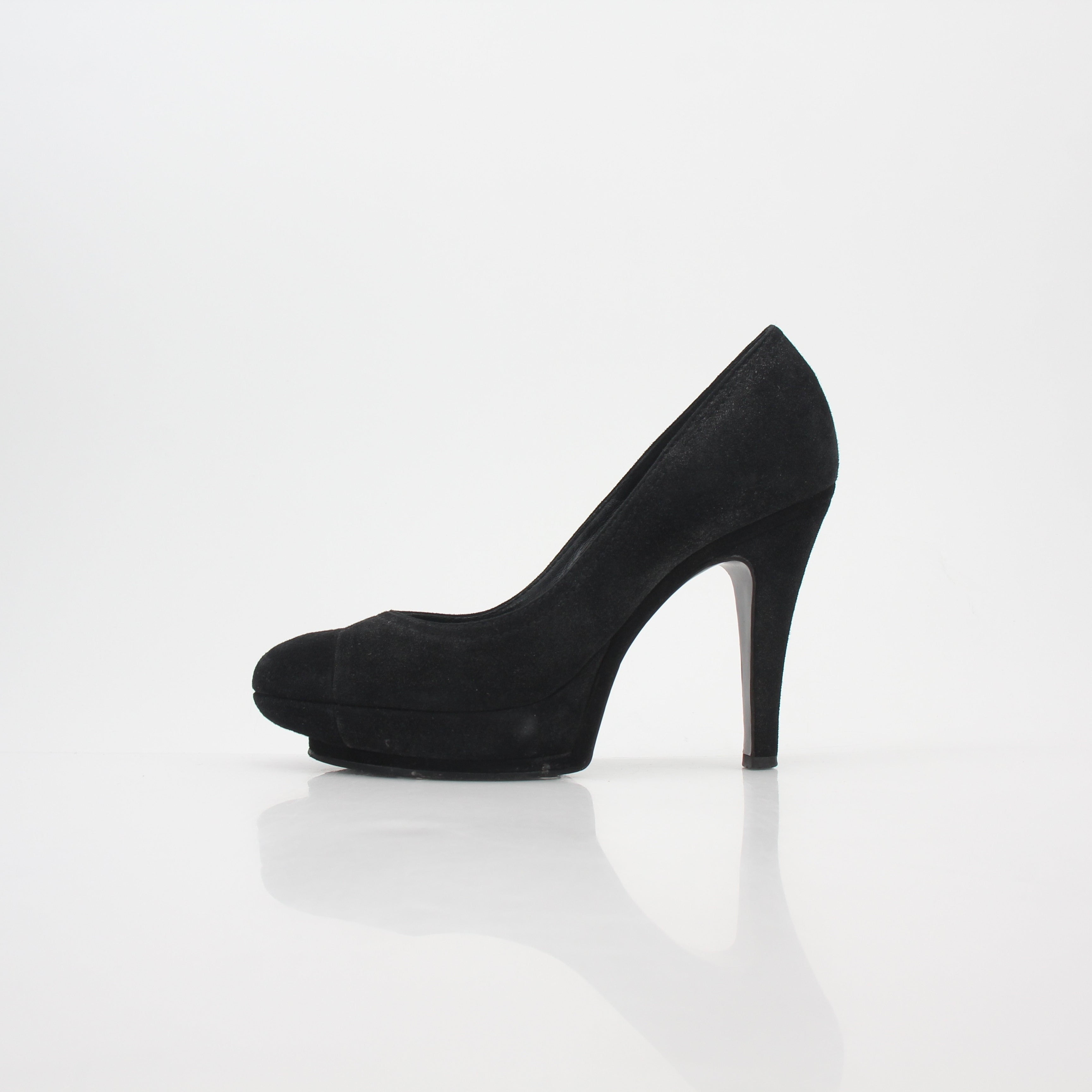 Chanel Black Suede Round-Toe Platform Pumps