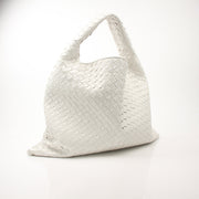 Large white Bottega Veneta Intrecciato leather hobo handbag with spacious design and woven texture, stylish and elegant.