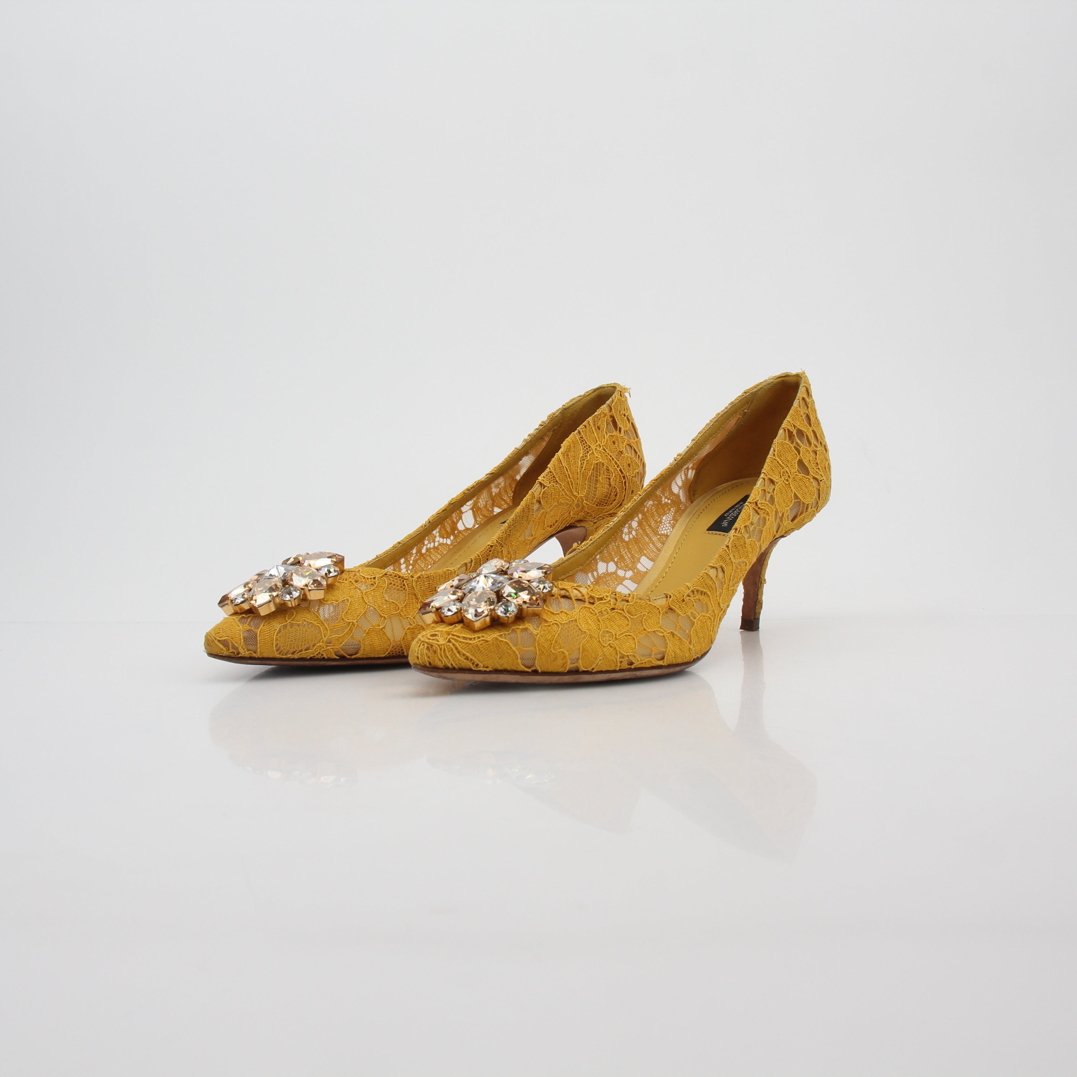 Dolce & Gabbana Yellow Taormina Lace Embellished Pumps