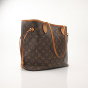 Louis Vuitton Neverfull MM tote handbag with leather trim and signature monogram pattern, displayed on a neutral background.