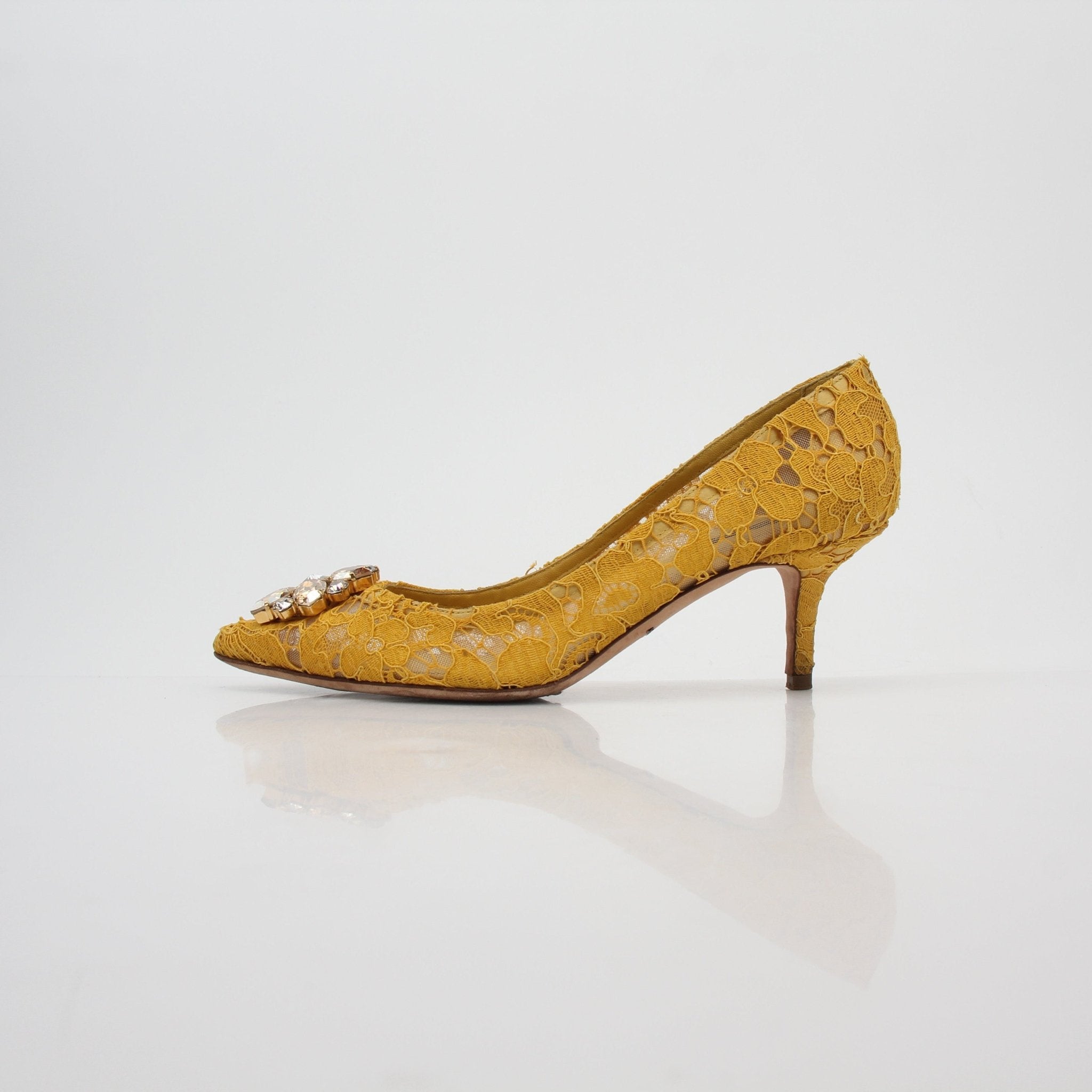 Gold & Beyond yellow Taormina lace embellished pumps with high heels and intricate lace details, perfect for elegant occasions.