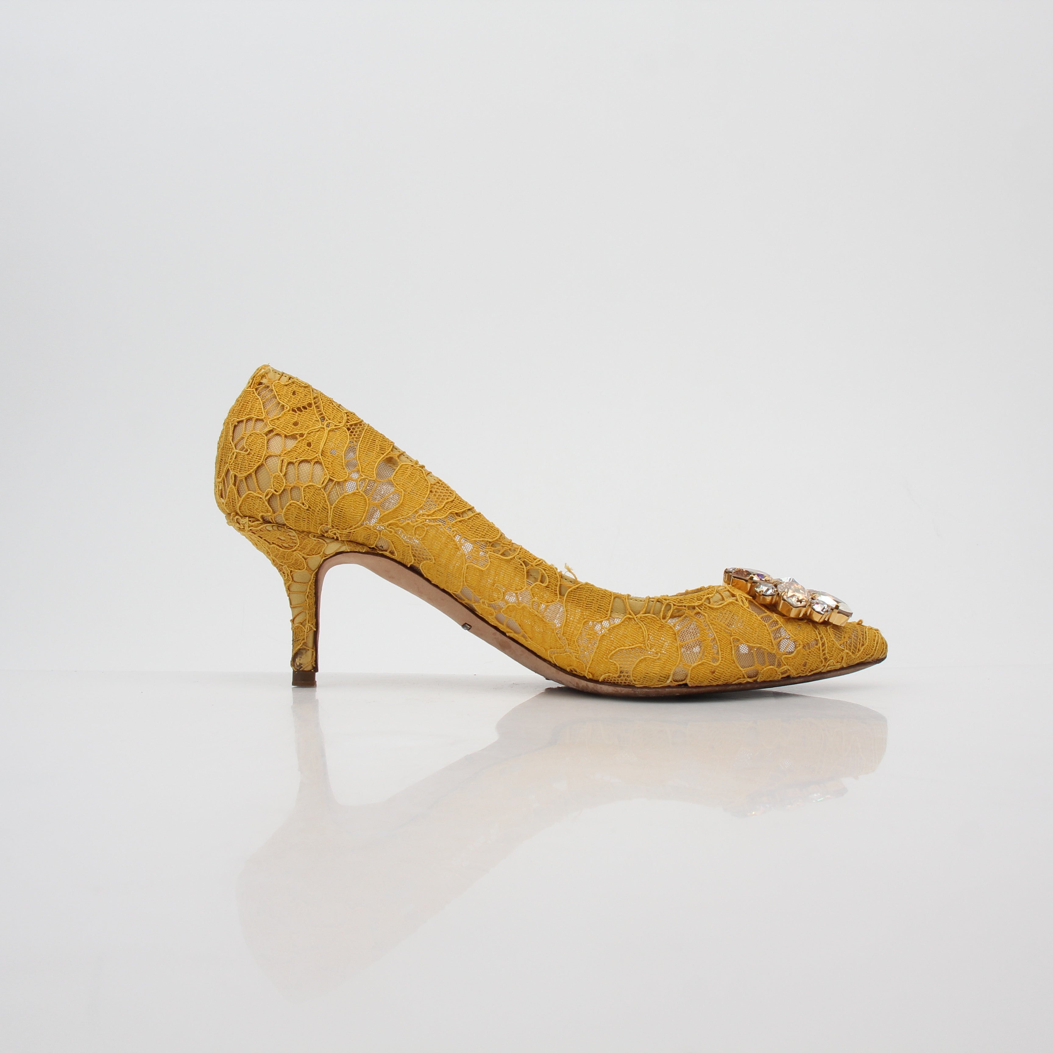 Dolce & Gabbana Yellow Taormina Lace Embellished Pumps